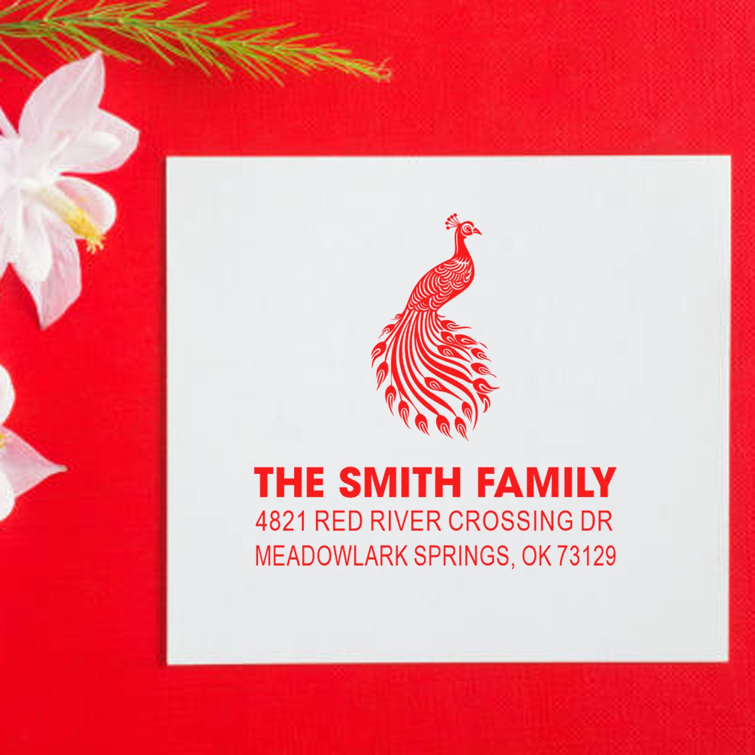 Personalized peacock return address rubber stamp with Smith family name and custom address for stationery, holiday cards, and envelopes.