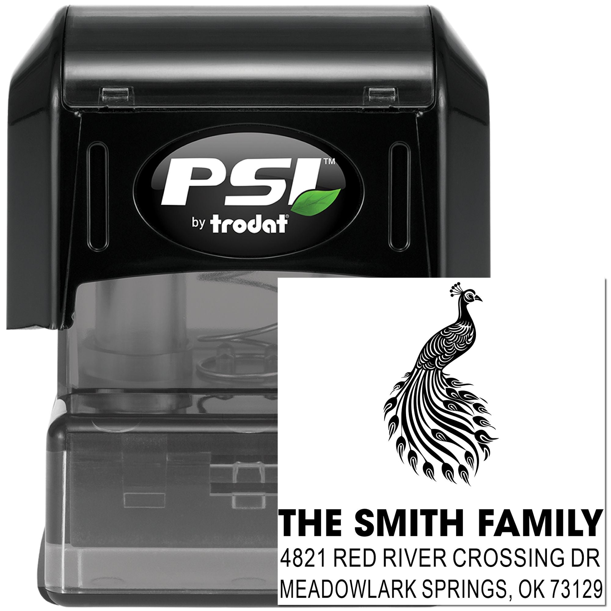 Custom self-inking address stamp with peacock design, The Smith Family return address, PSI by Trodat rubber stamp for envelopes and mailing.