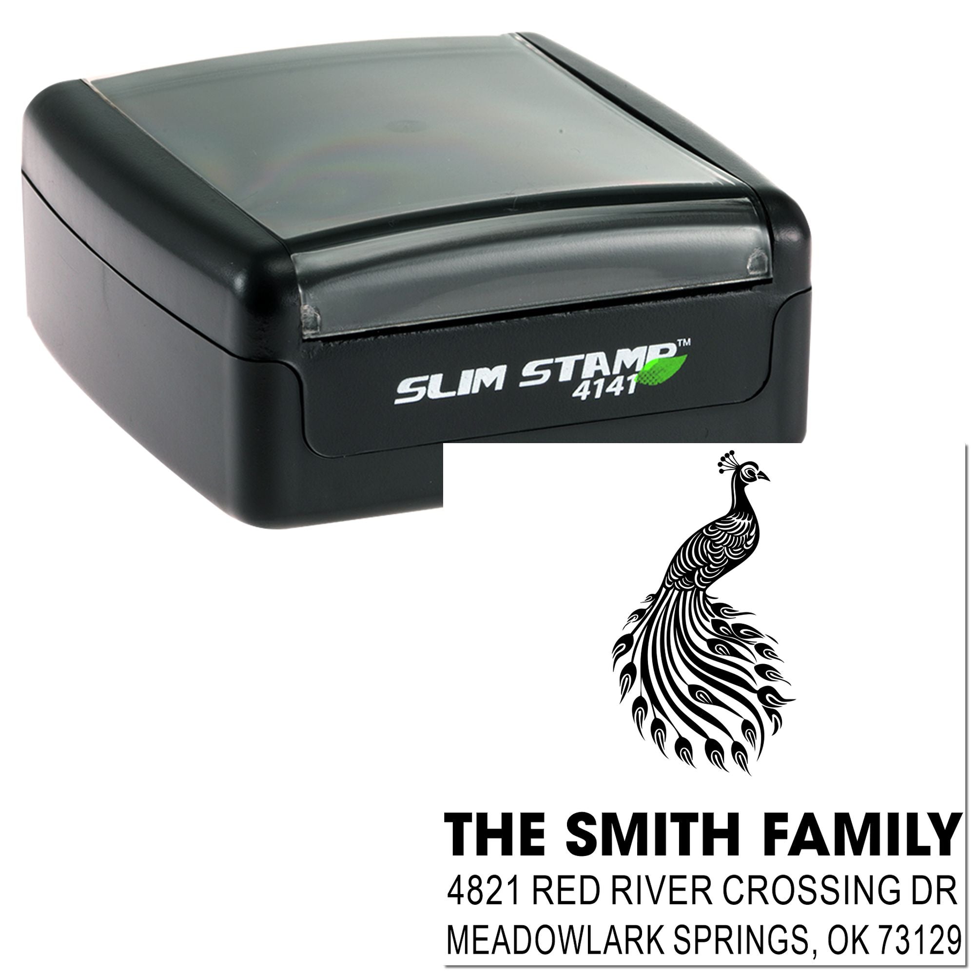 Custom self-inking rubber stamp featuring peacock design, The Smith Family name, and address for personalized return mailing use at home or business.