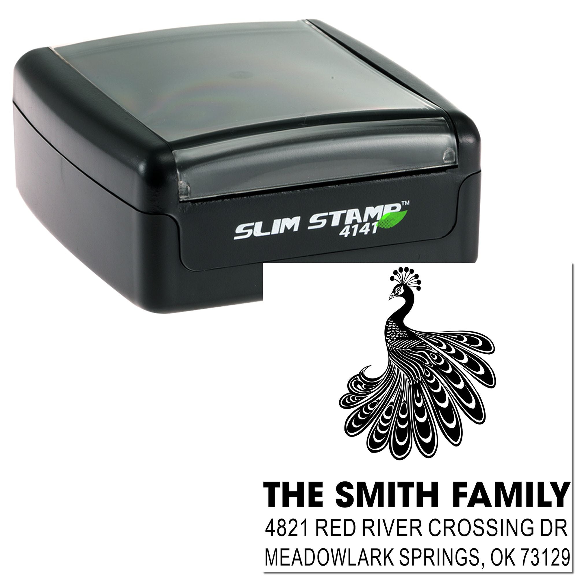 Custom Slim Stamp 4141 self-inking rubber stamp with peacock design and The Smith Family address for personalized mailing and branding