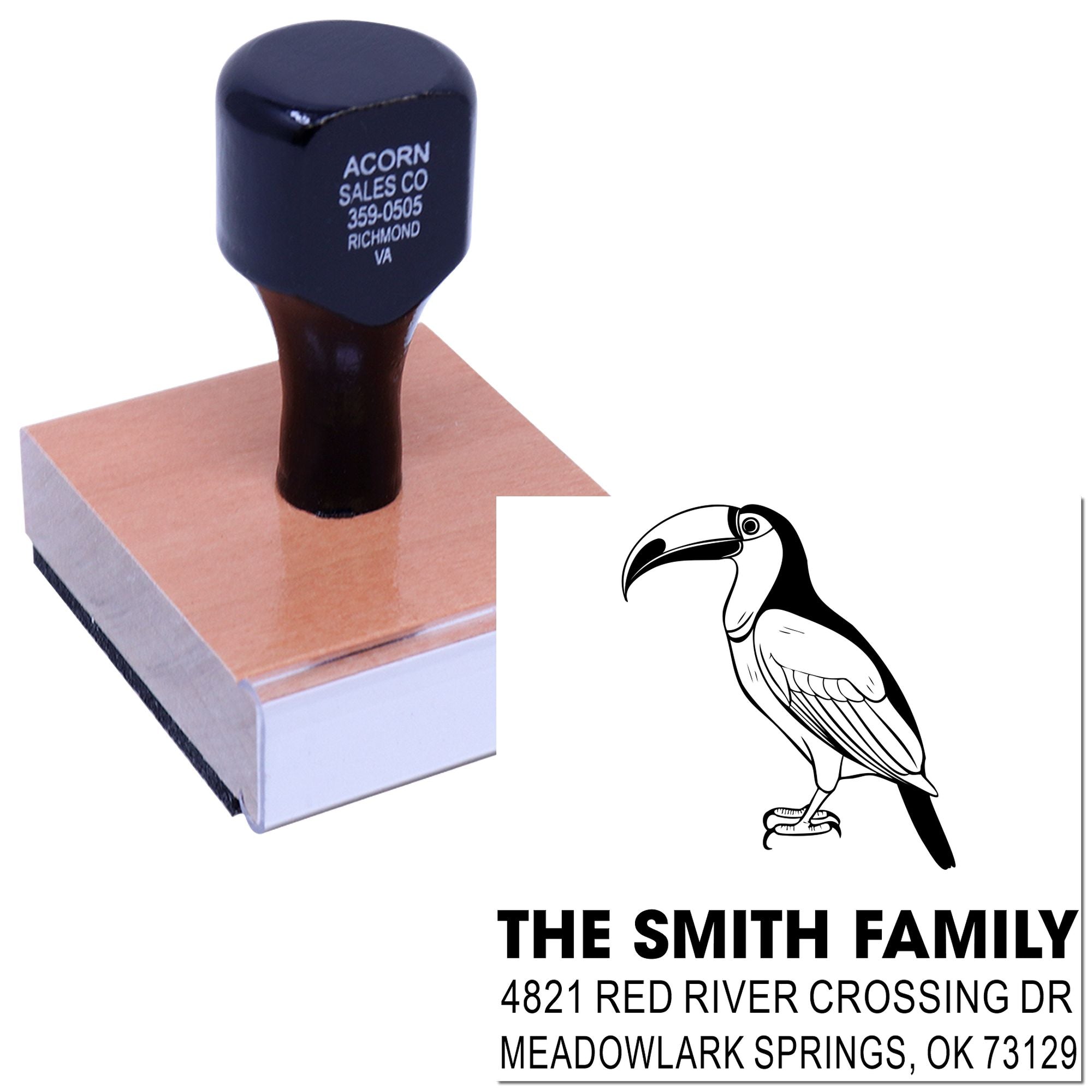 Custom self-inking rubber stamp with toucan logo and return address for The Smith Family, personalized mailing stamp for envelopes and packages