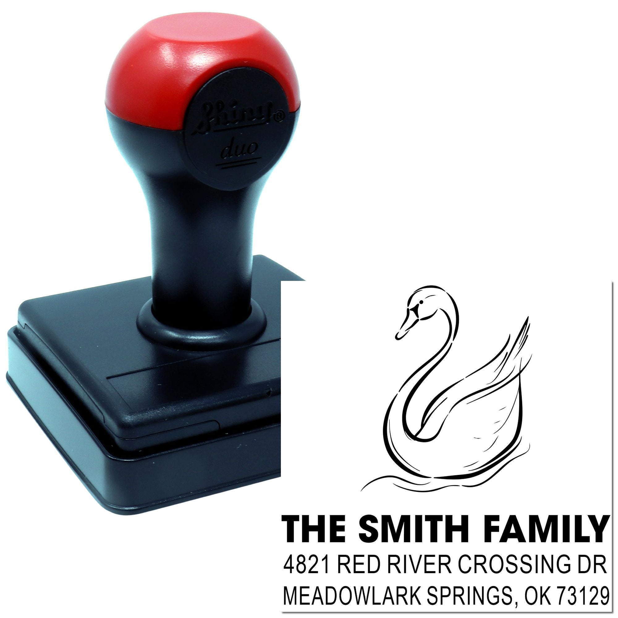 Custom self-inking rubber address stamp with swan family design, The Smith Family, 4821 Red River Crossing Dr, Meadowlark Springs, OK 73129