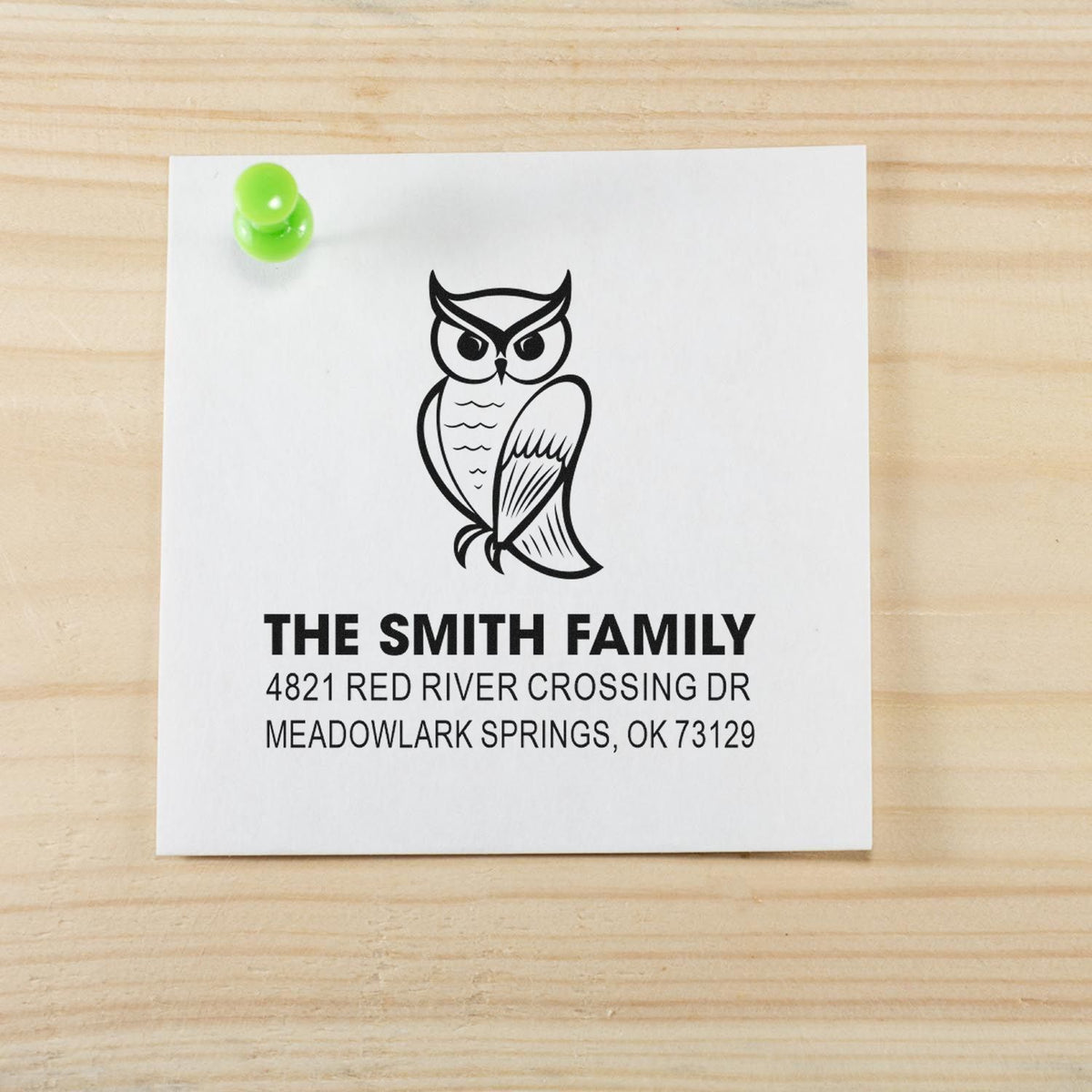 Personalized owl return address rubber stamp for The Smith Family with custom name and address, elegant black self-inking stamp design