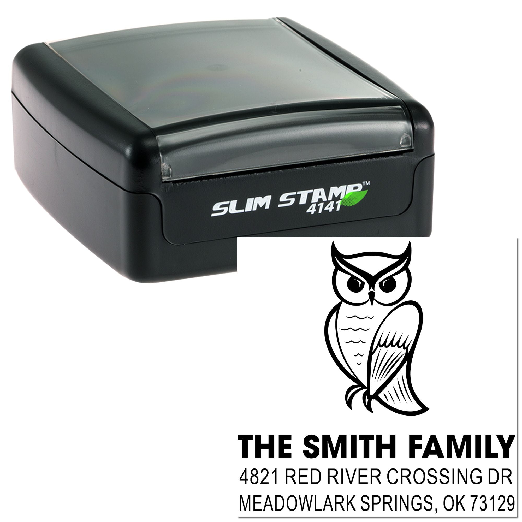Custom owl return address rubber stamp with Slim Stamp 4141 self-inking compact case for family name and mailing address imprinting
