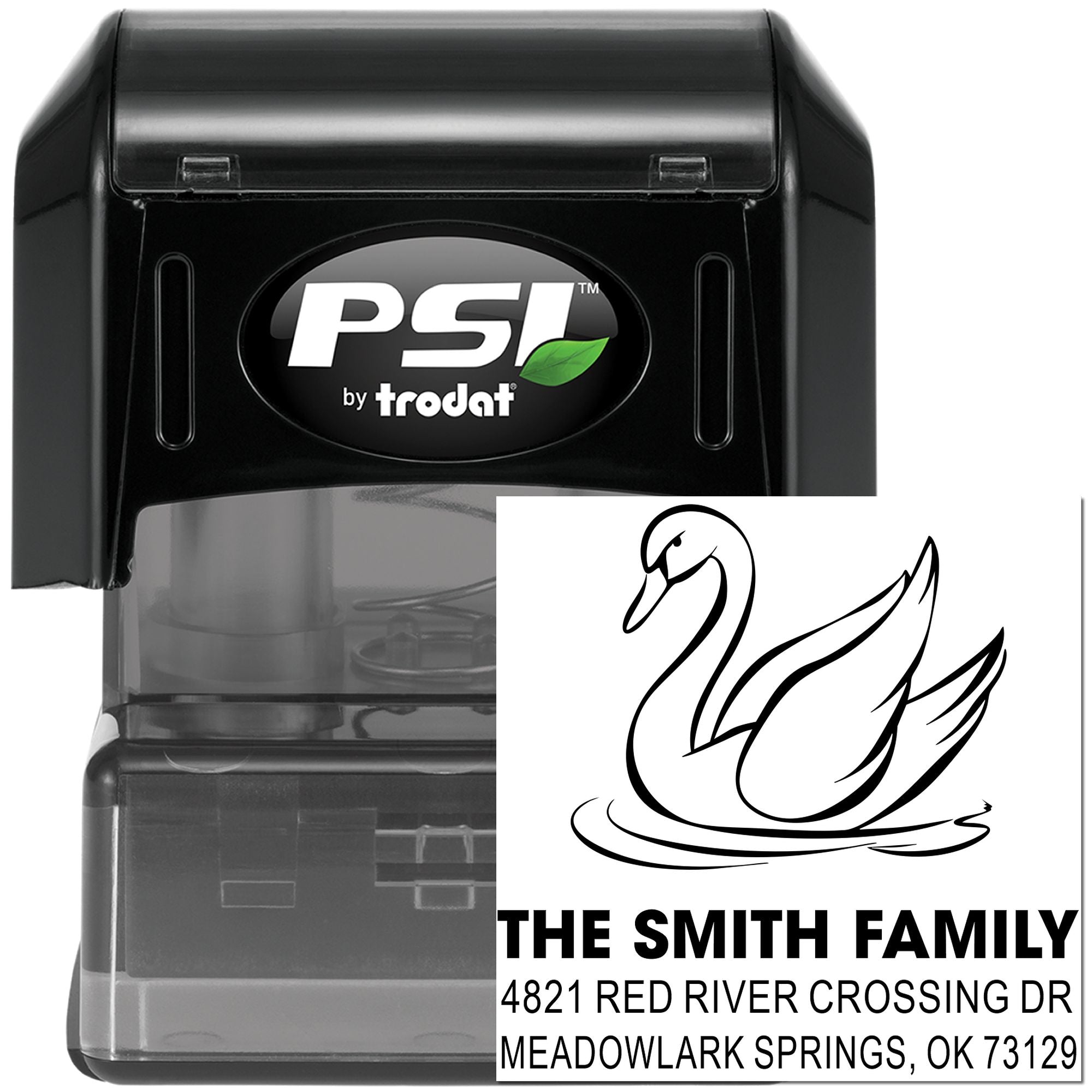 Custom self-inking rubber address stamp by PSI Trodat with swan design, family name, and return address for personalized mailing and labeling