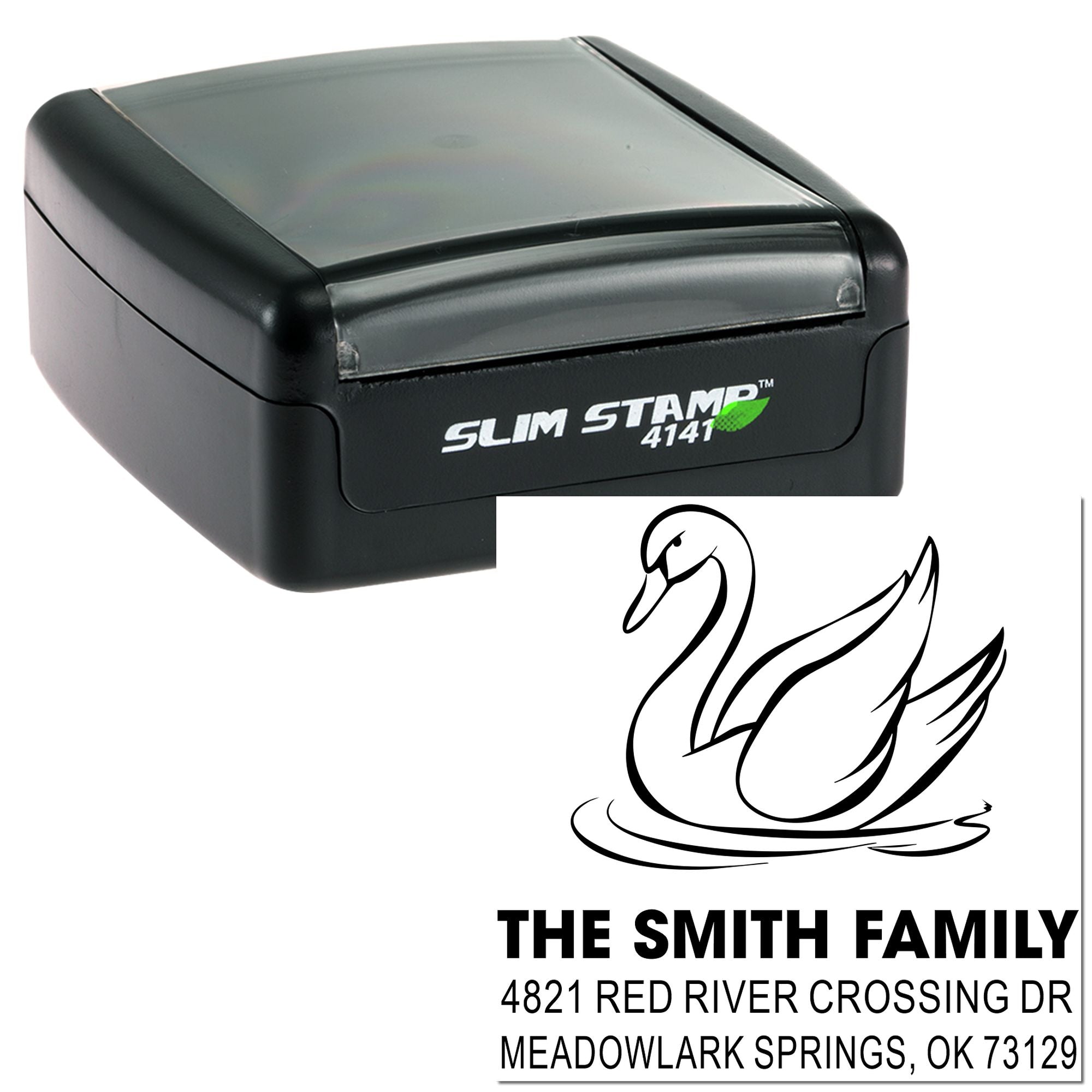 Custom self-inking rubber address stamp with swan design, The Smith Family name, return address, and compact slim stamp case for home mailing use