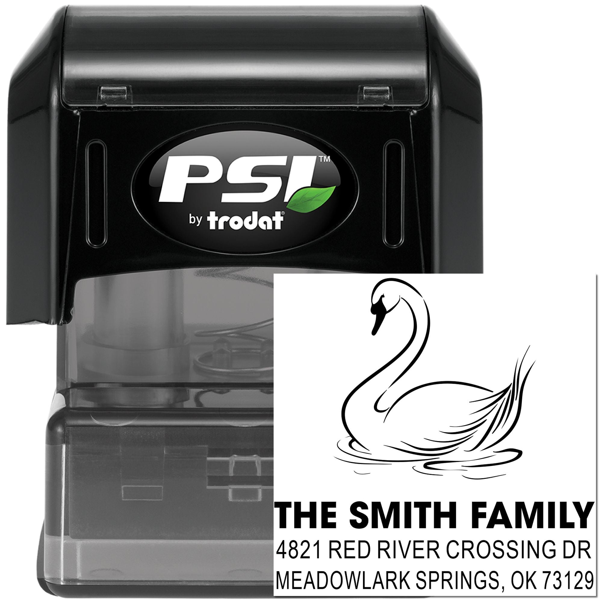 Custom self-inking rubber address stamp by PSI Trodat with swan design, The Smith Family name and Meadowlark Springs, OK mailing address