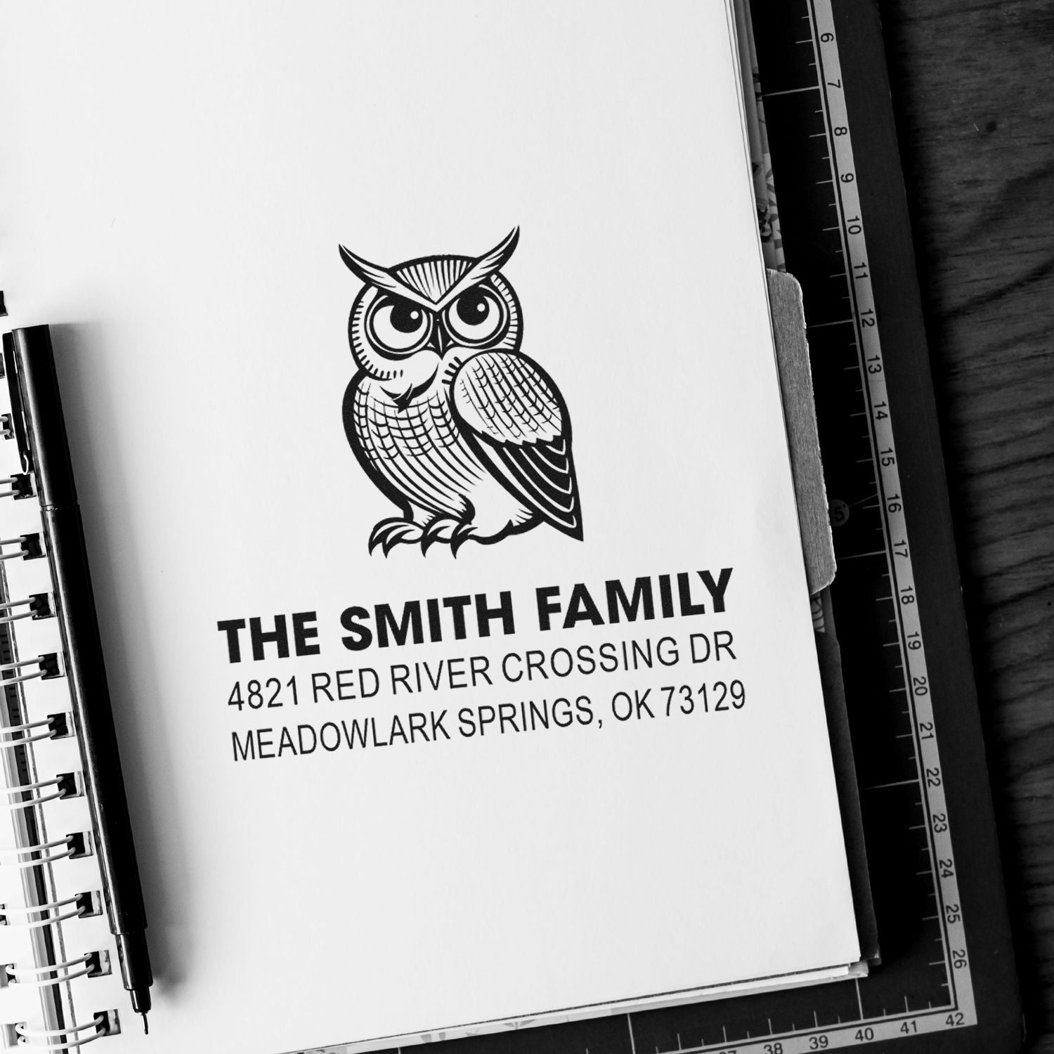 Custom owl family return address rubber stamp with The Smith Family and Meadowlark Springs, OK address for envelopes, cards, and stationery