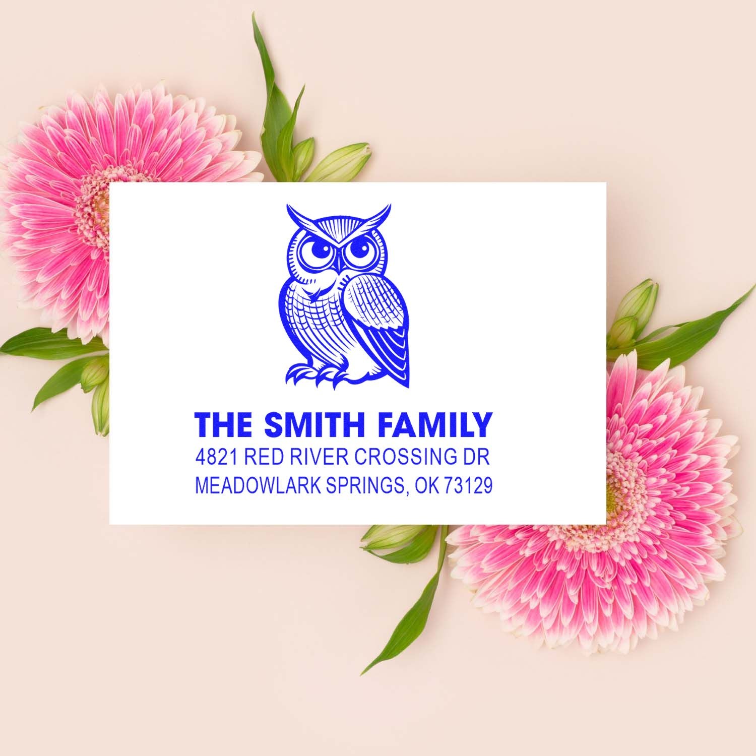 Custom rubber address stamp with owl logo, The Smith Family name, and Meadowlark Springs OK return address for mailing and stationery use