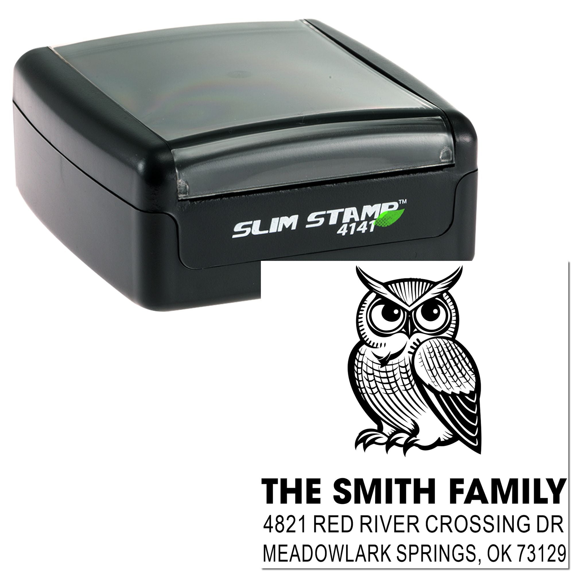 Custom slim rubber stamp with owl family address design, personalized self-inking stamp for mailing envelopes, home office, and business use.