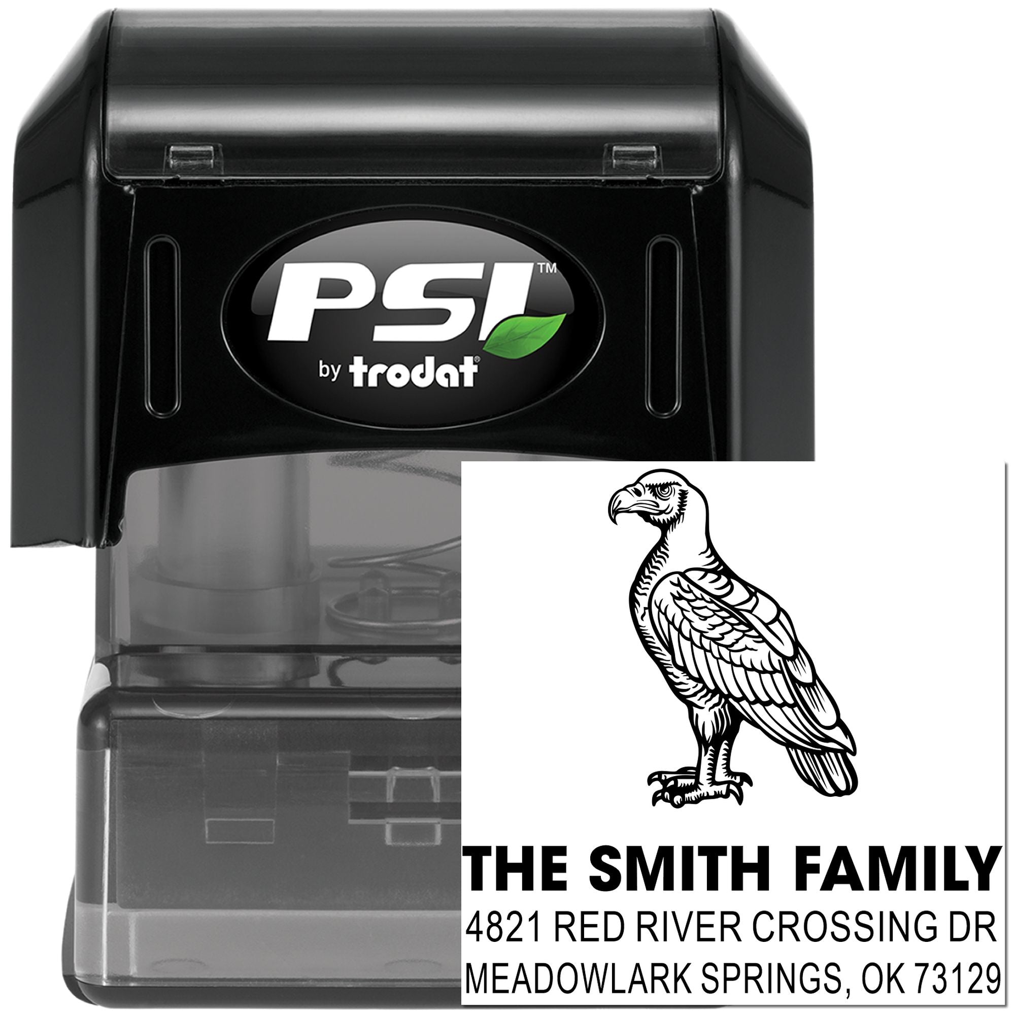 PSI by Trodat self-inking rubber address stamp with eagle design, custom family name, and Meadowlark Springs, OK return address block