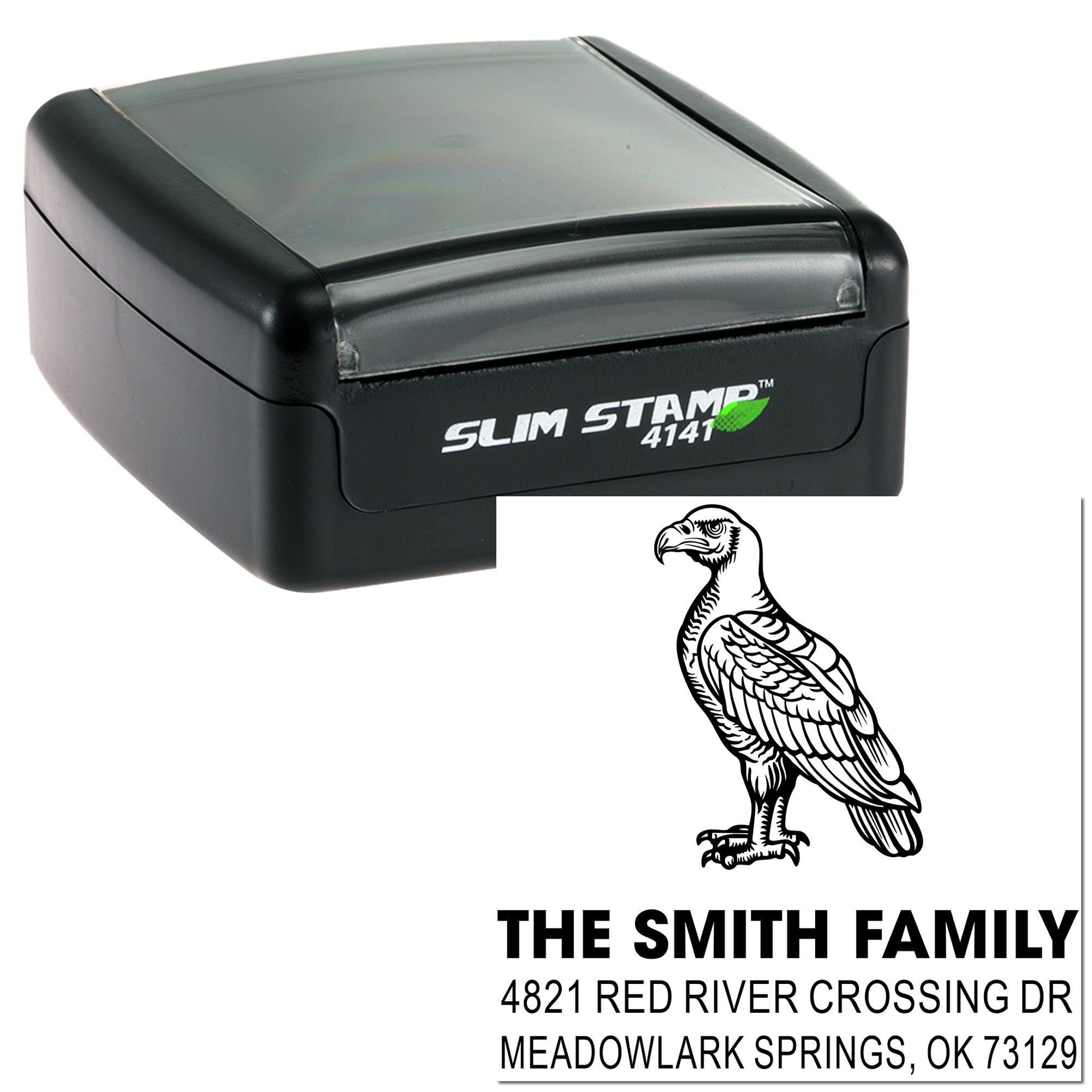 Custom self-inking rubber stamp with eagle design and Smith family address, Slim Stamp 4141, for personalized return address and mailing labels