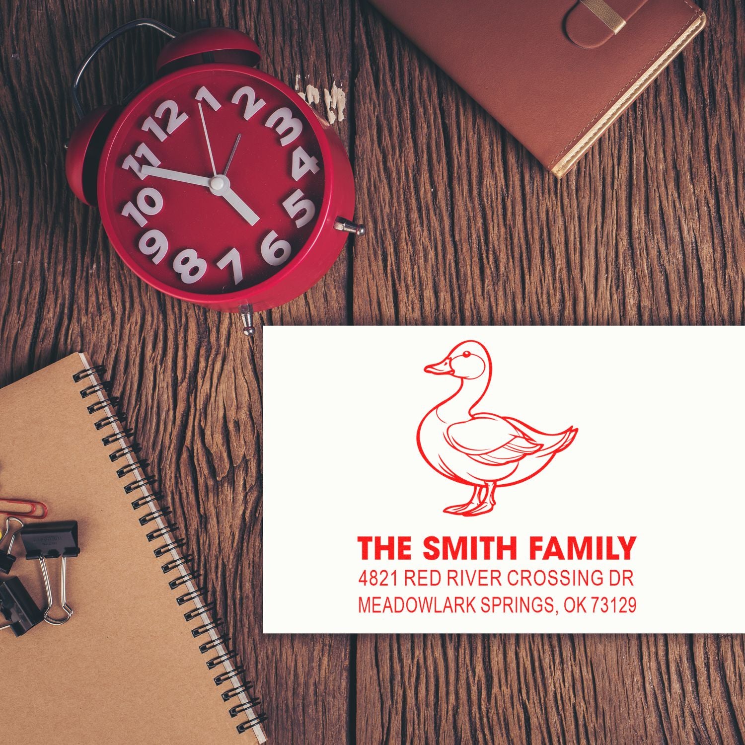 Custom family address rubber stamp with duck design, red ink impression, personalized return address stamp for envelopes and business stationery