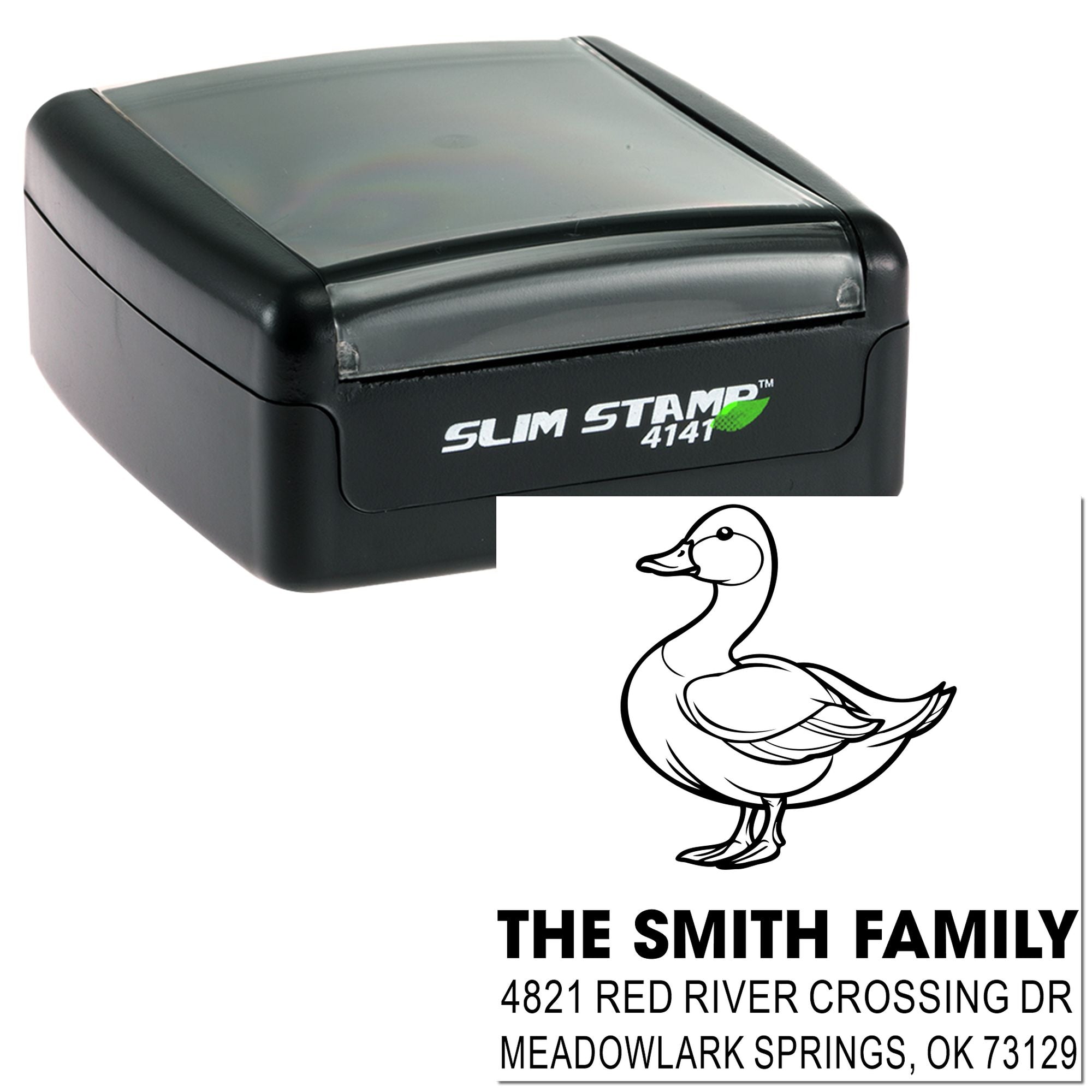 Custom Slim Stamp 4141 self-inking rubber stamp with duck design and Smith family return address, ideal for envelopes, mail, and home use