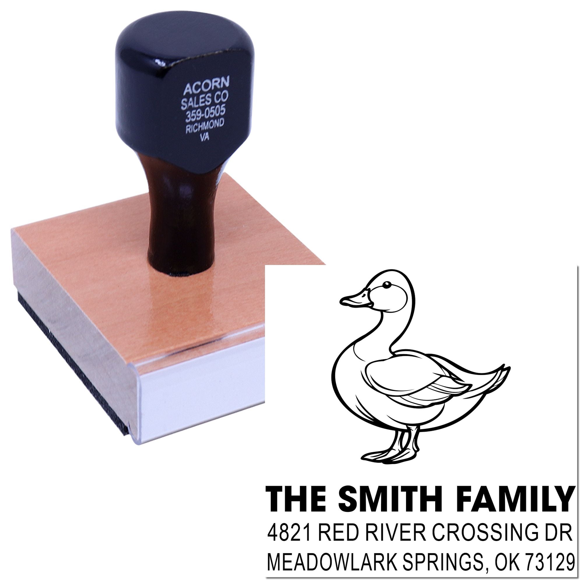 Custom self-inking rubber address stamp with duck design, The Smith Family name, and Meadowlark Springs, OK return mailing address.