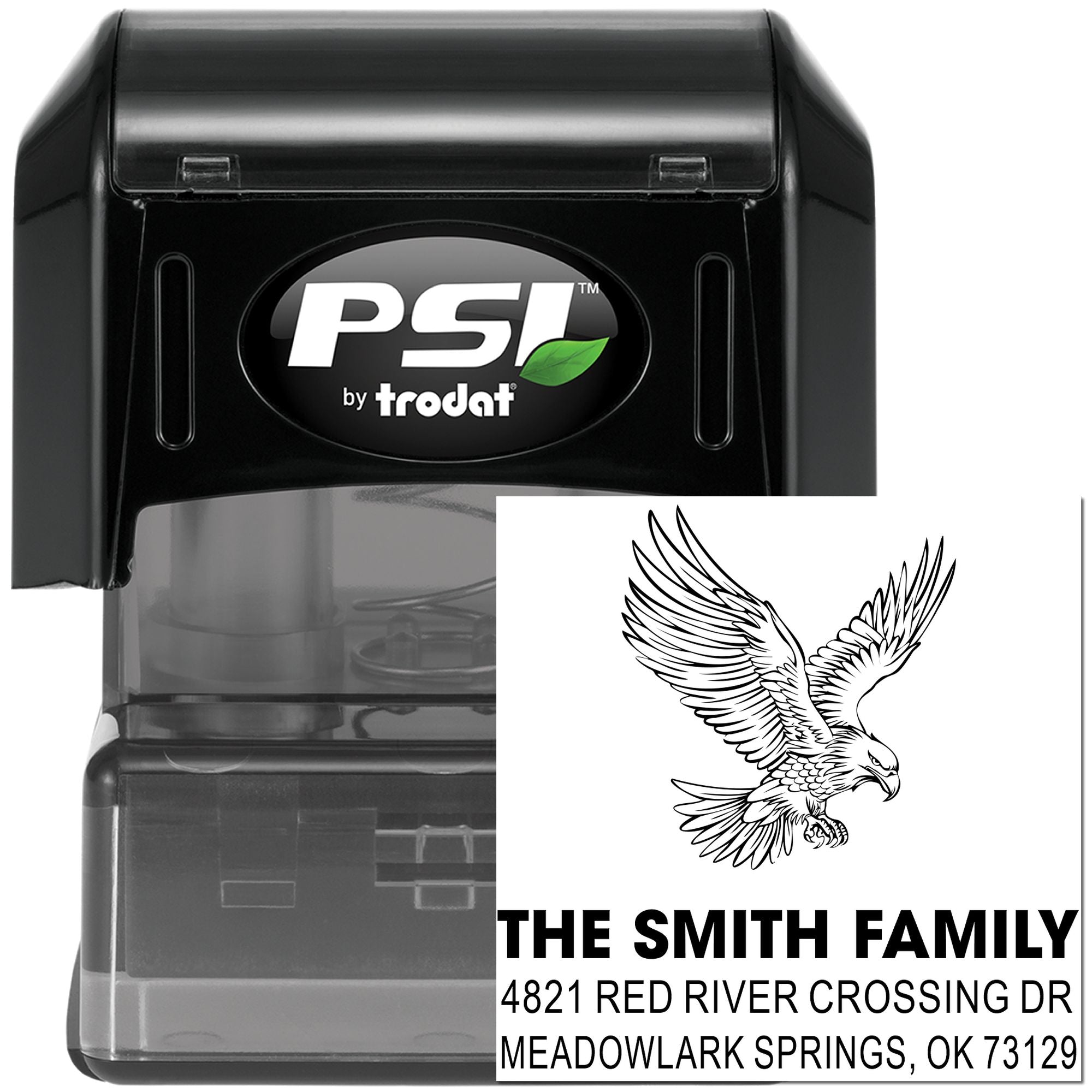 PSI by Trodat self-inking address stamp with eagle design, customized for The Smith Family, 4821 Red River Crossing Dr, Meadowlark Springs, OK 73129