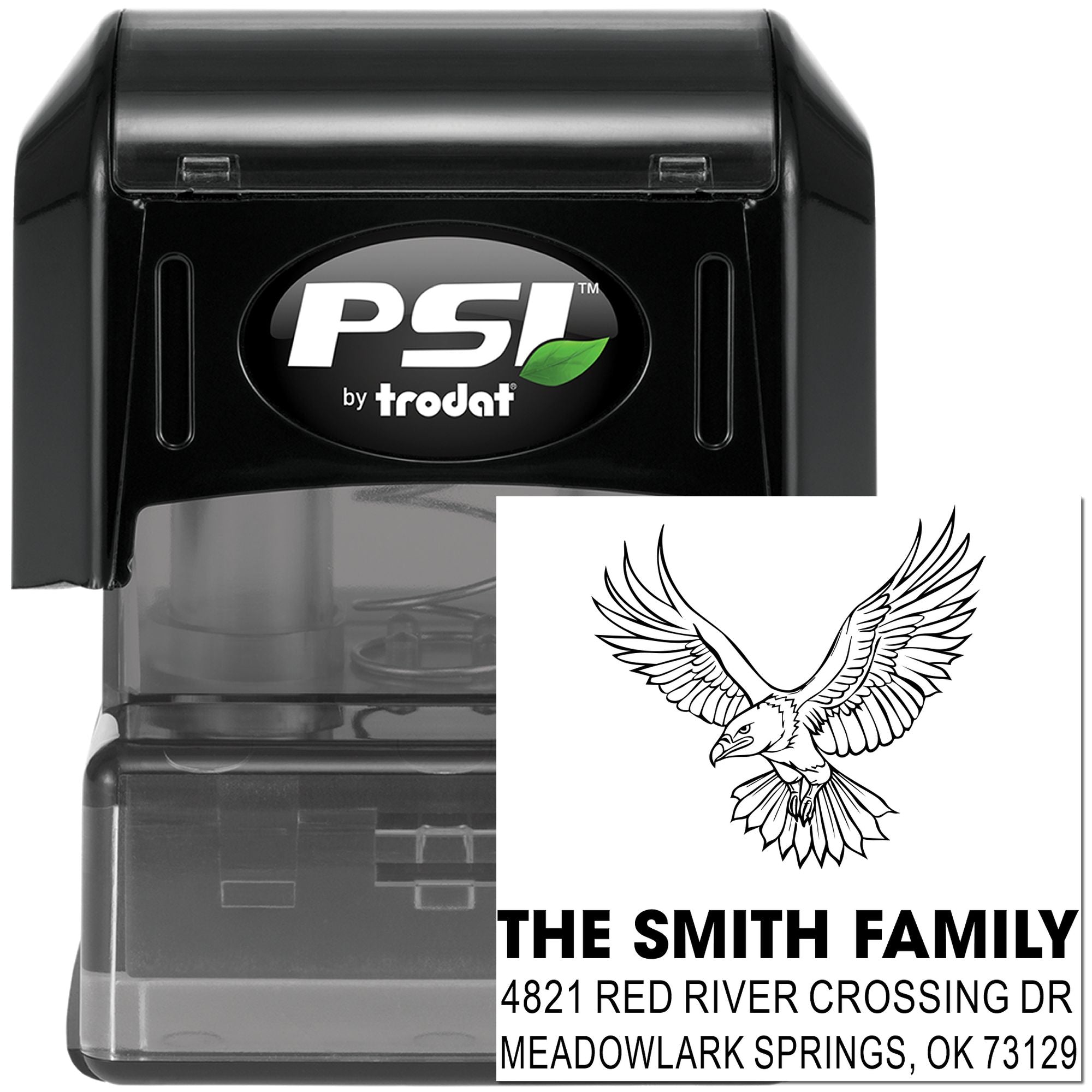 Self-inking custom address rubber stamp by PSI Trodat with eagle design, The Smith Family return address for Meadowlark Springs, OK.