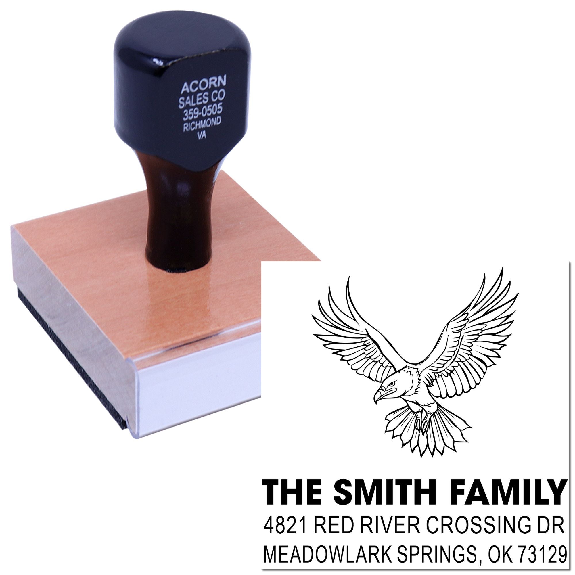 Custom rubber return address stamp with eagle design, The Smith Family name, and self-inking impression for mailing, home, and office use.