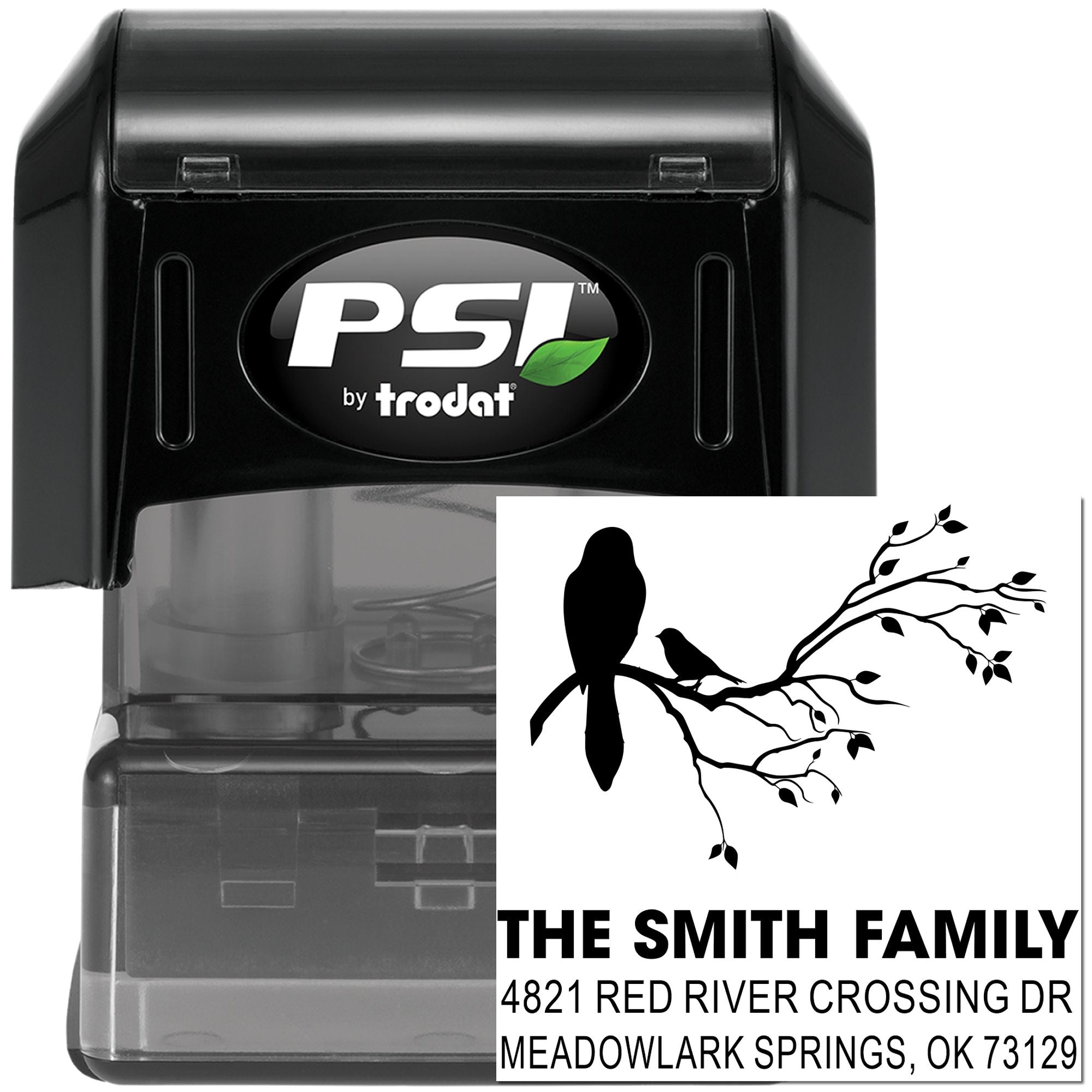 Custom self-inking rubber address stamp with bird and branch design, personalized family name, street address, city, state, and ZIP code.