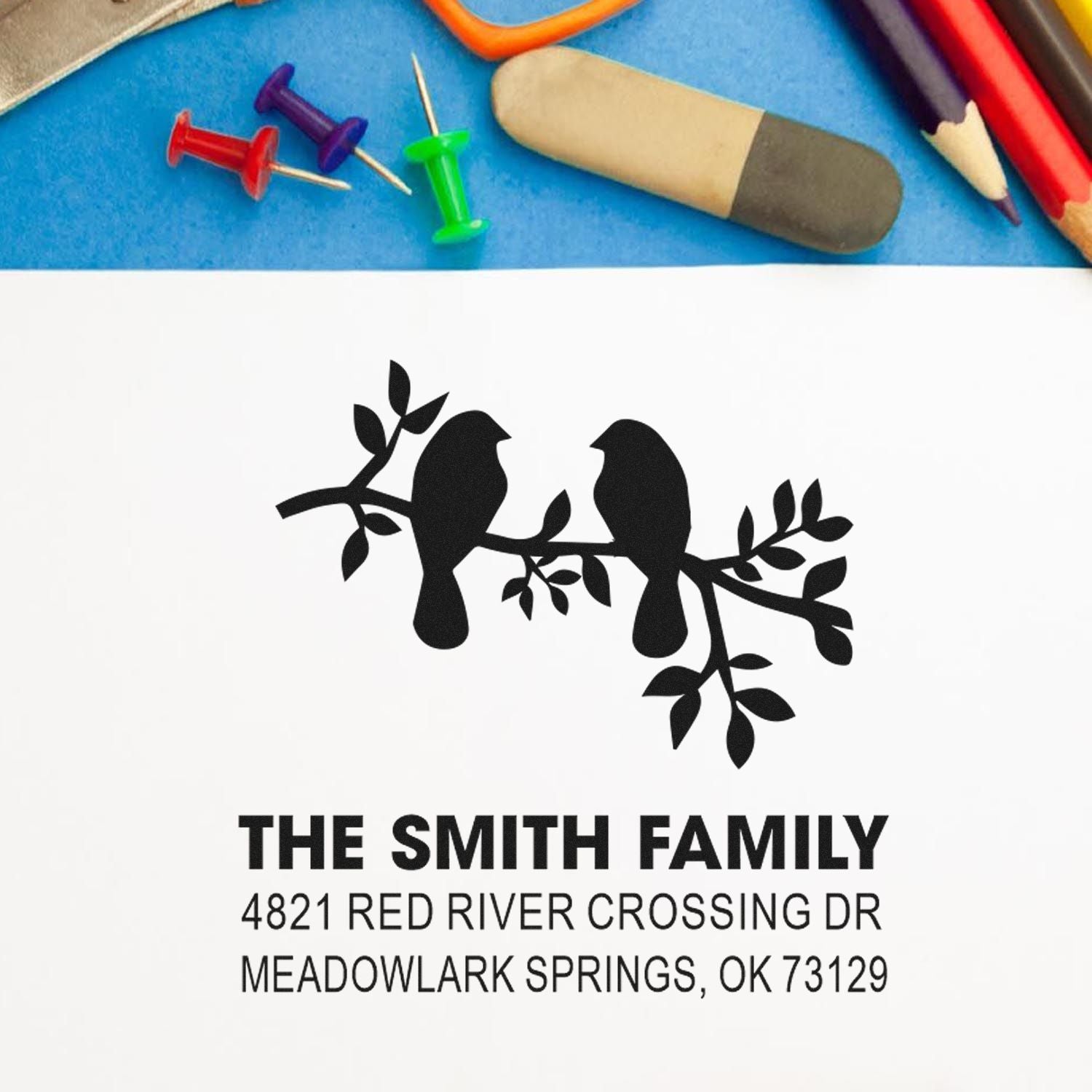 Custom family address rubber stamp with bird branch motif, personalized with The Smith Family name and Meadowlark Springs, OK mailing address.