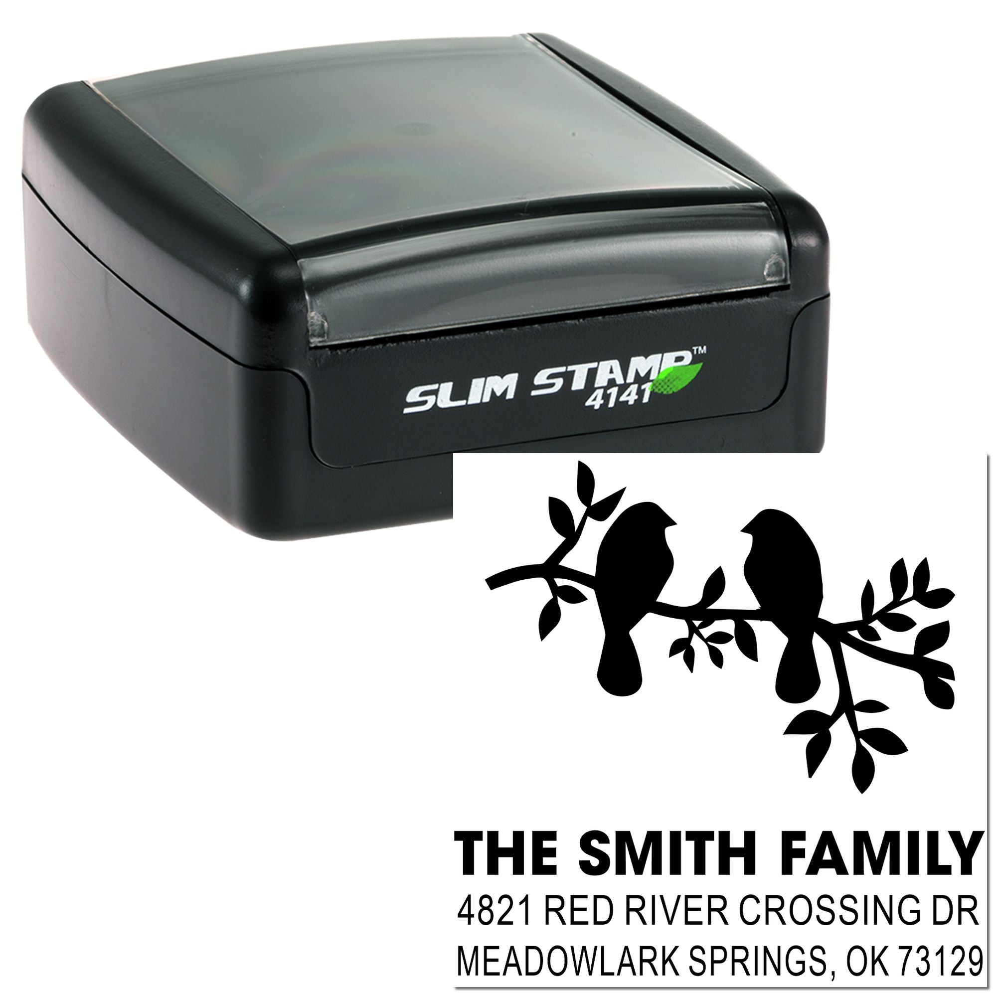Custom self-inking rubber address stamp with birds on branch design, featuring The Smith Family name and Meadowlark Springs, OK return address