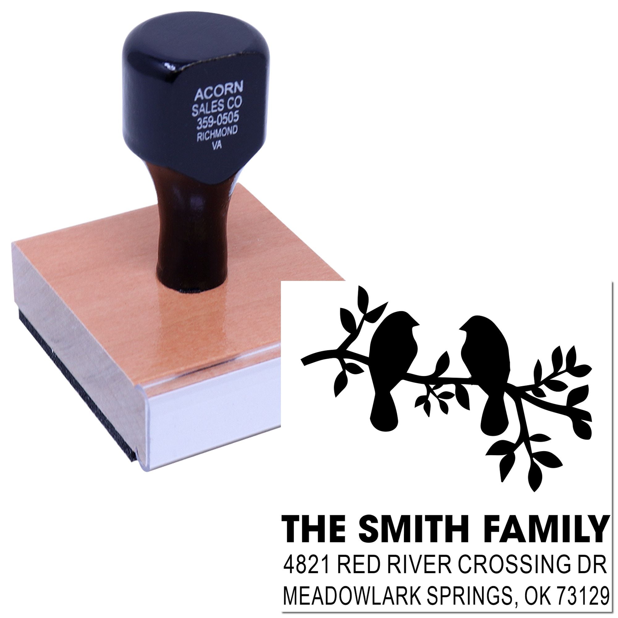 Custom return address rubber stamp with birds on branch design, personalized family name and home address for mailing envelopes, cards, and stationery.