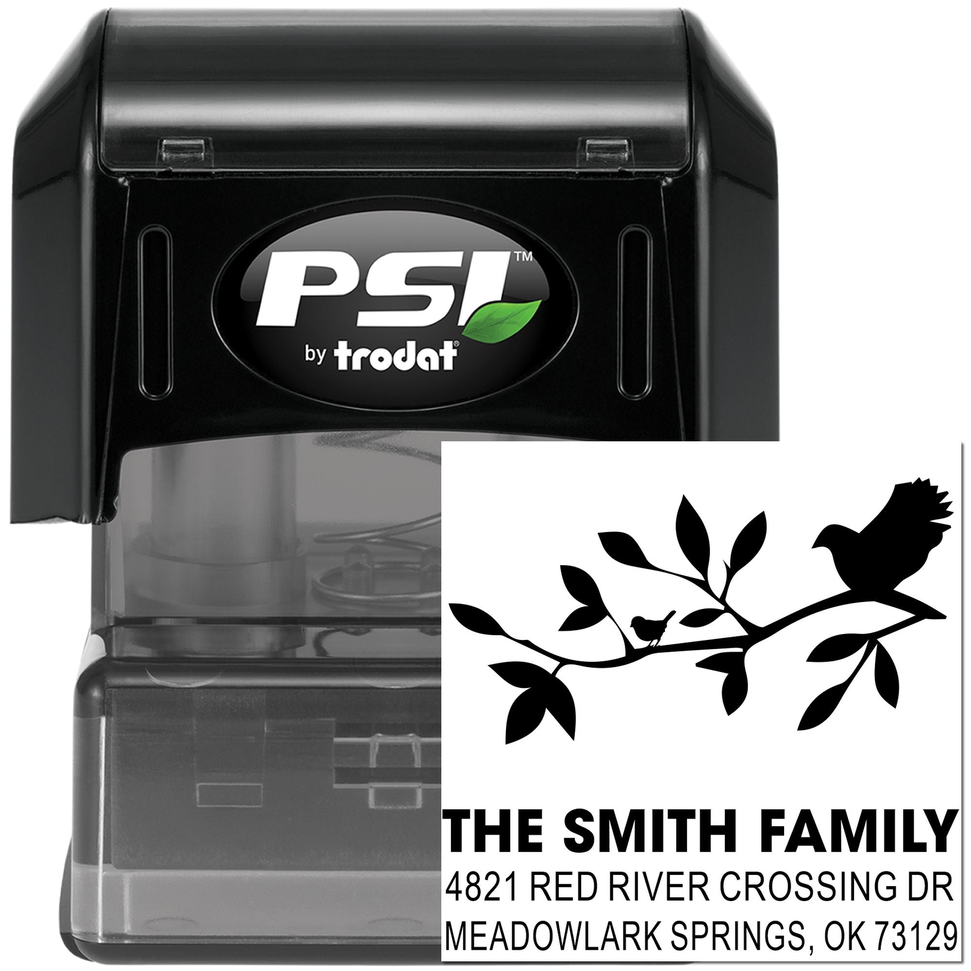 PSI by Trodat self-inking custom address stamp with family name, bird branch design, and return address for personalized mailing labels
