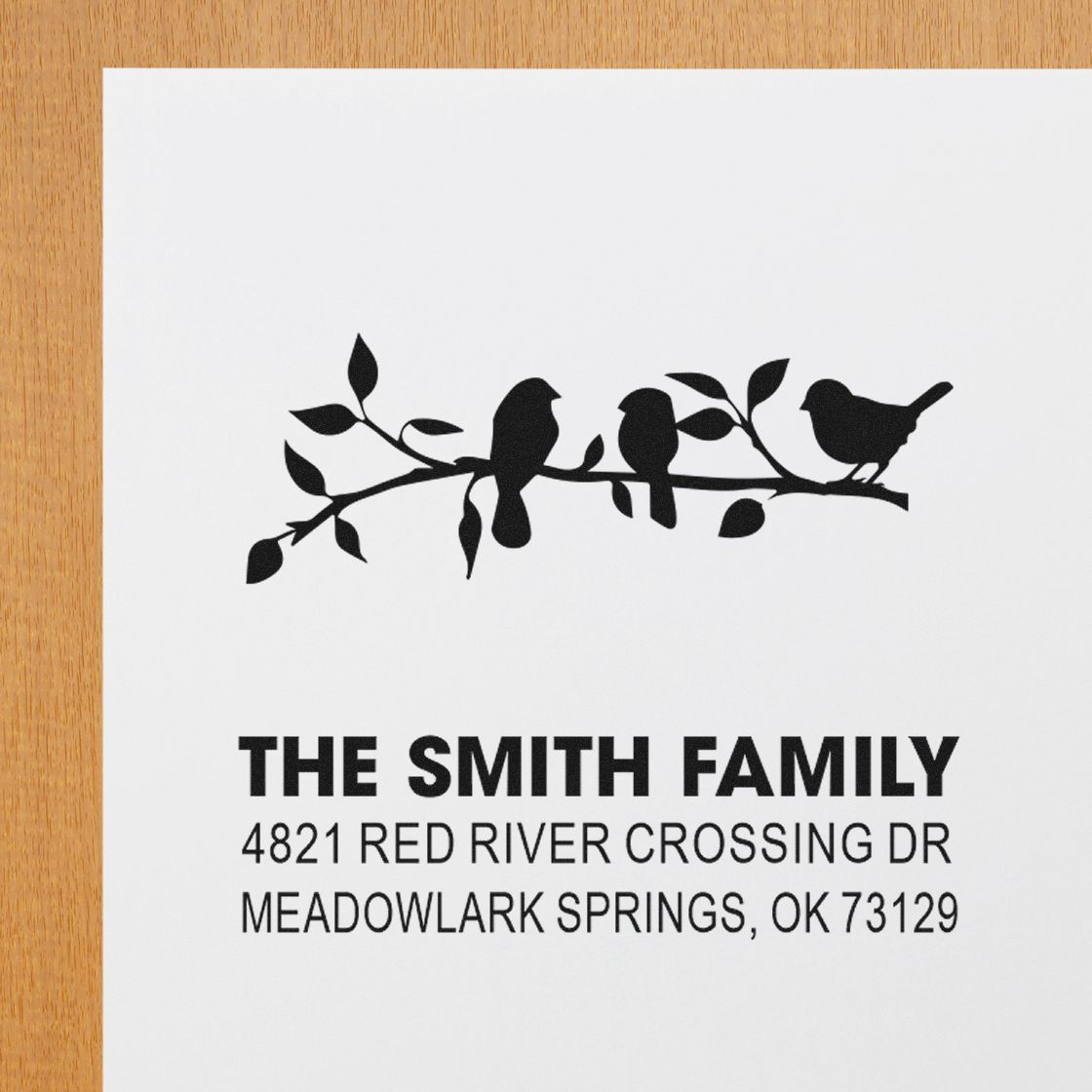 Custom return address rubber stamp with bird branch design, The Smith Family, 4821 Red River Crossing Dr, Meadowlark Springs, OK 73129