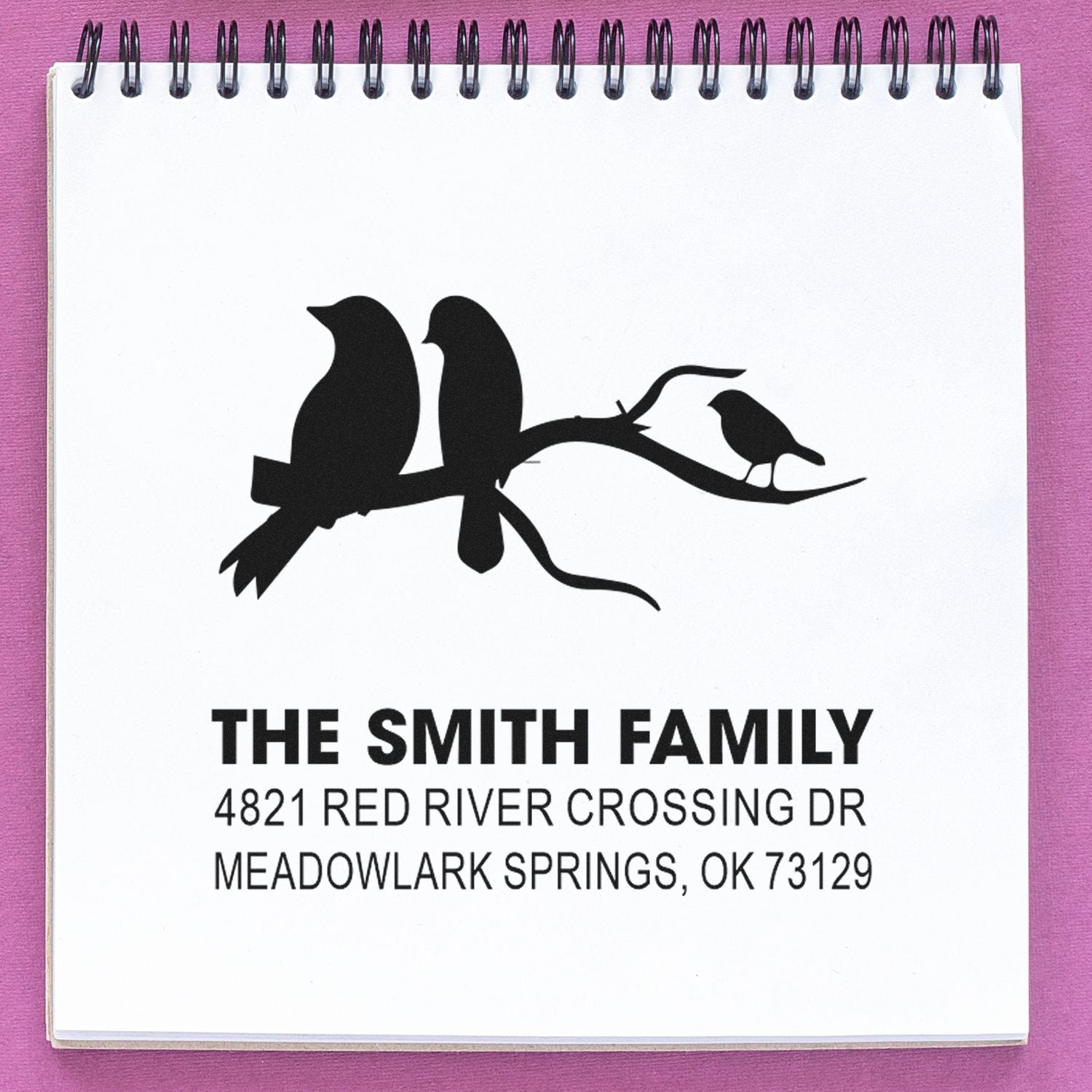 Custom family return address rubber stamp with birds on a branch, The Smith Family, Meadowlark Springs OK 73129, personalized mailing stamp