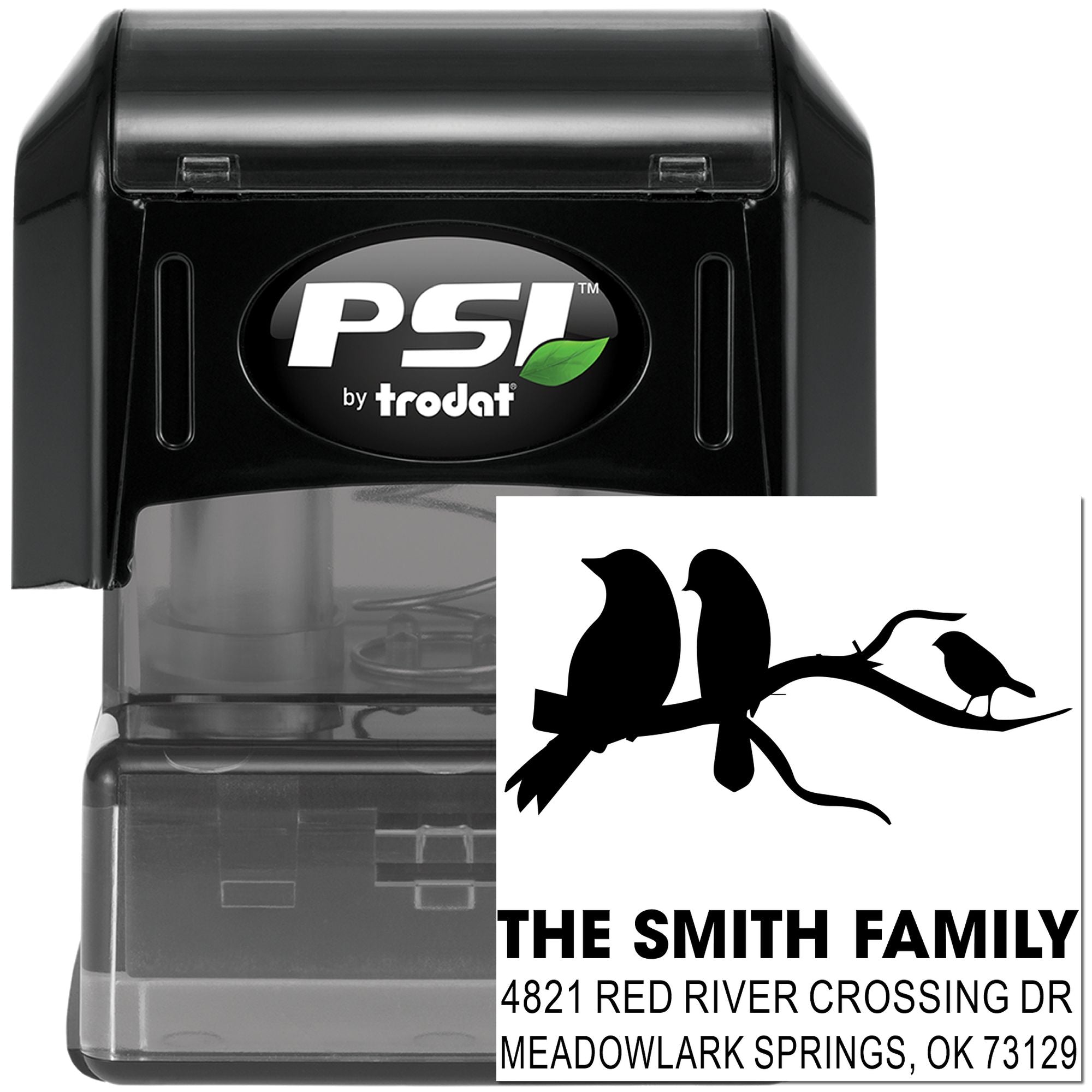 Custom self-inking PSI by Trodat rubber stamp with bird silhouette, family name, and return address for mailing, crafts, and home organization