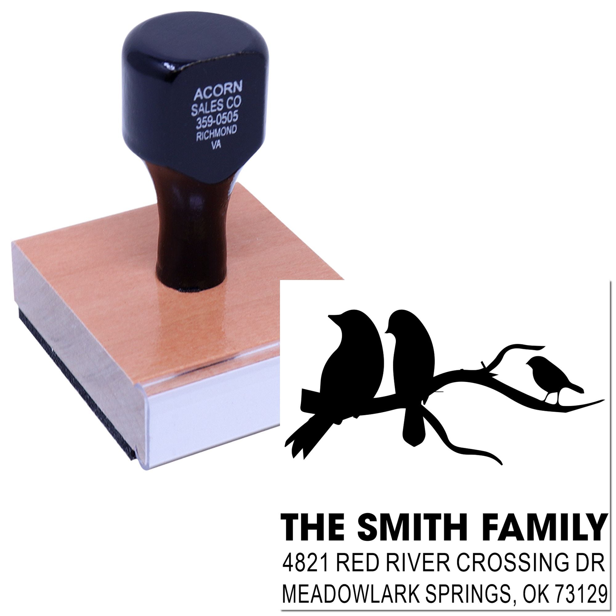 Custom rubber stamp with bird silhouette and The Smith Family address, ideal for personalized return addresses, invitations, and mailing.