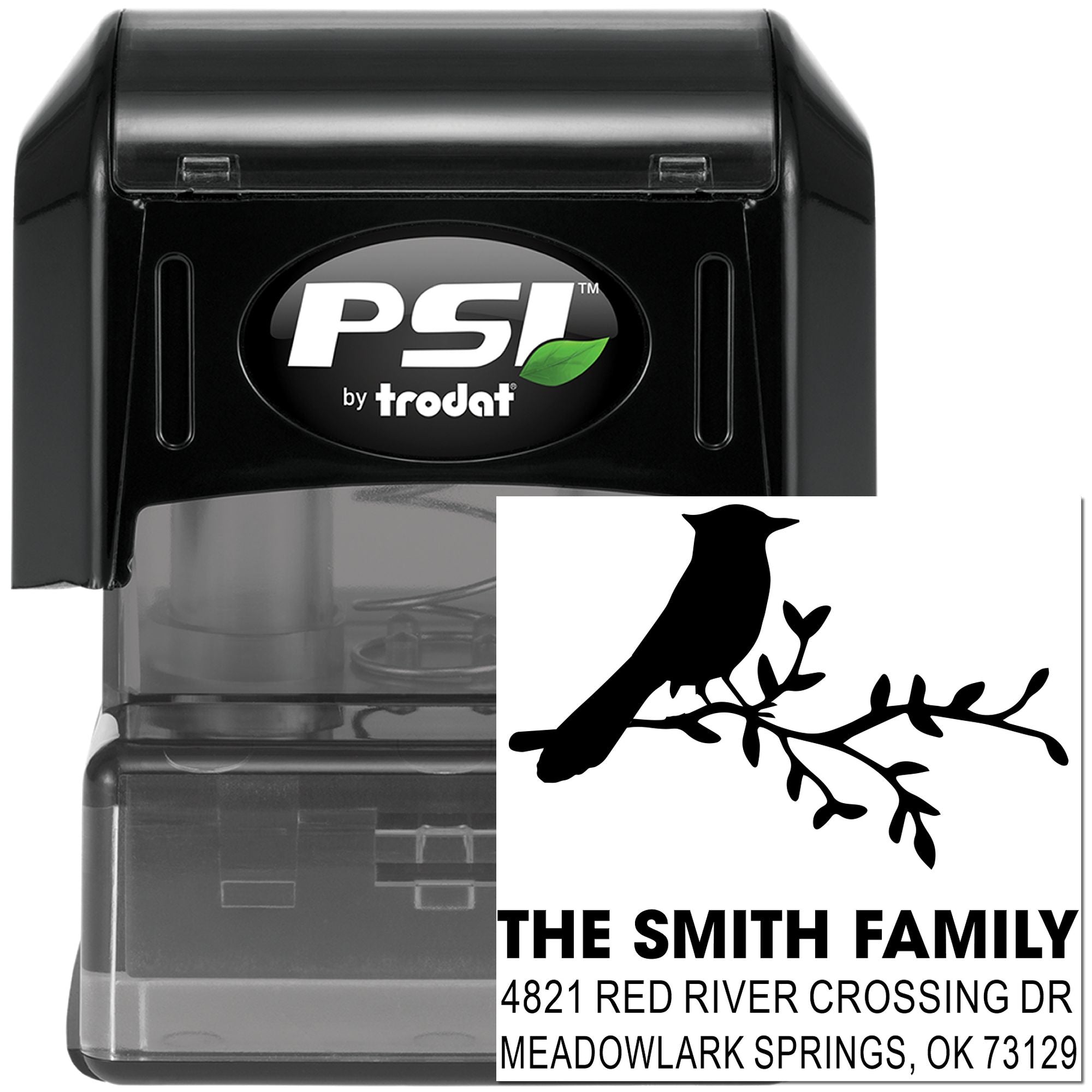 PSI by Trodat self-inking custom address stamp with bird on branch design, family name and mailing address, black rubber stamp with clear impression