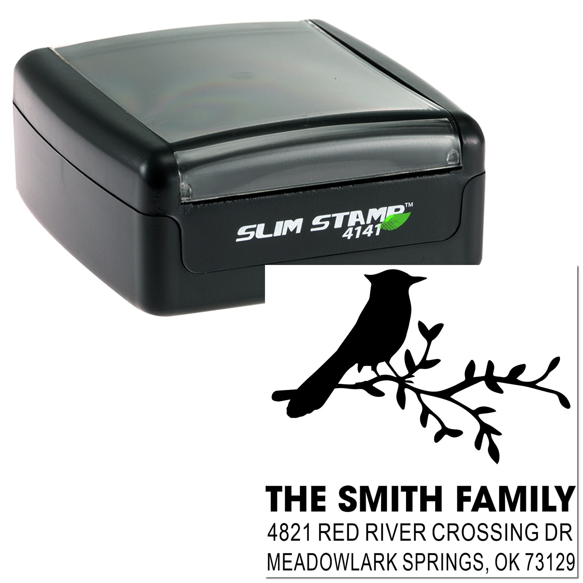 Custom self-inking rubber stamp with bird branch design and personalized family return address, Slim Stamp 4141 for mail and envelopes