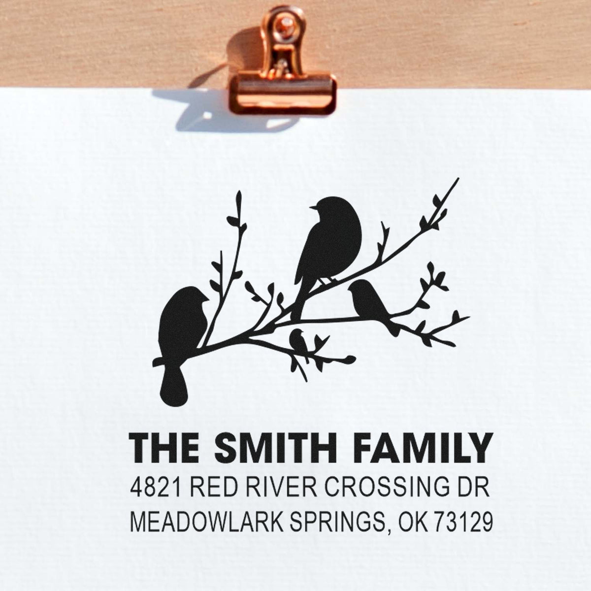 Custom family address rubber stamp with birds on branch design, featuring The Smith Family and Meadowlark Springs, OK return address.