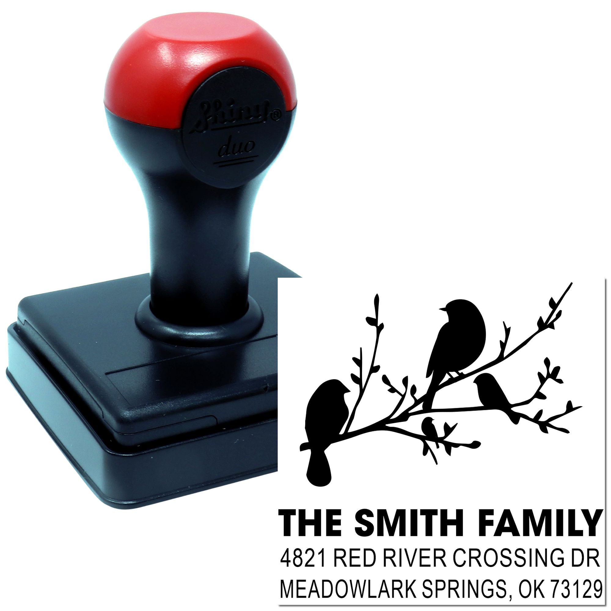 Custom self-inking rubber address stamp with bird branch design, The Smith Family name, and personalized return address for envelopes, cards, and mail