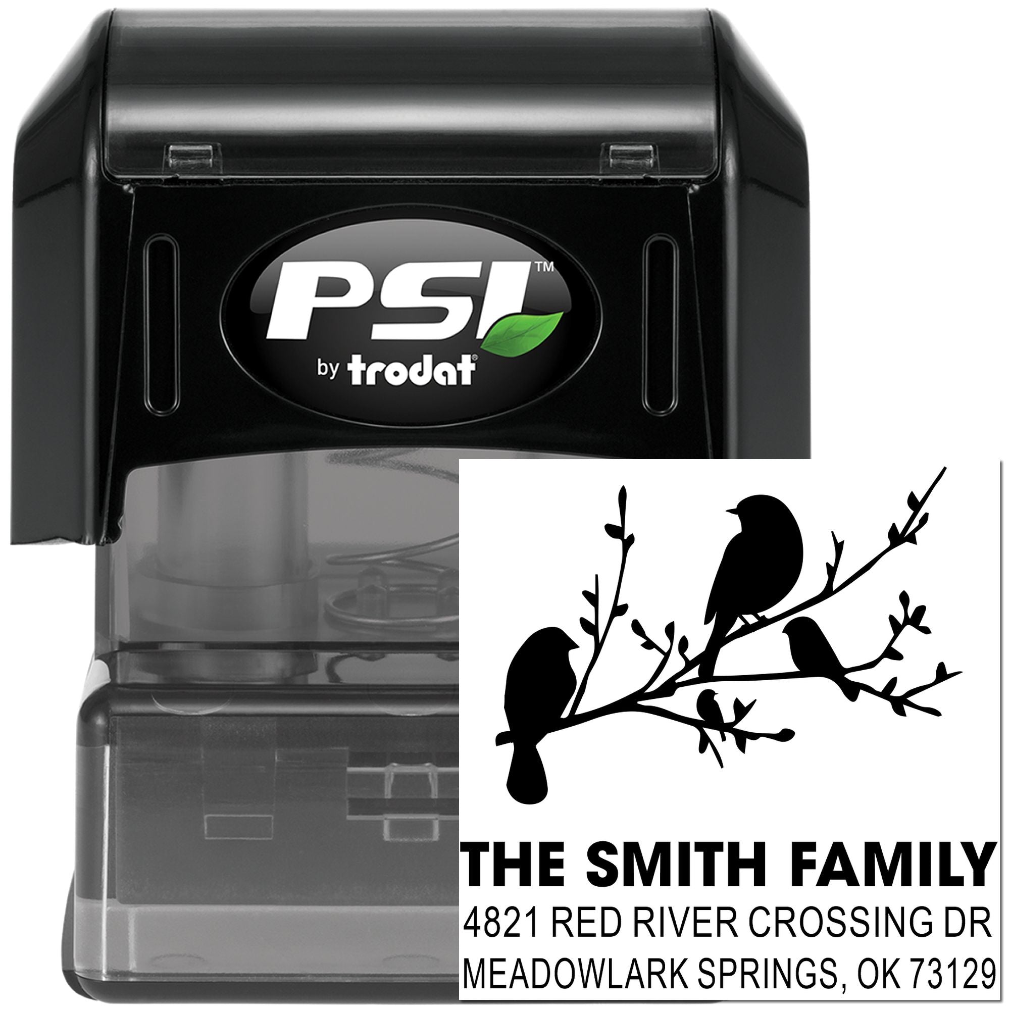 PSI by Trodat self-inking custom rubber address stamp with bird branch design, family name, street address, city, state and ZIP for mailings