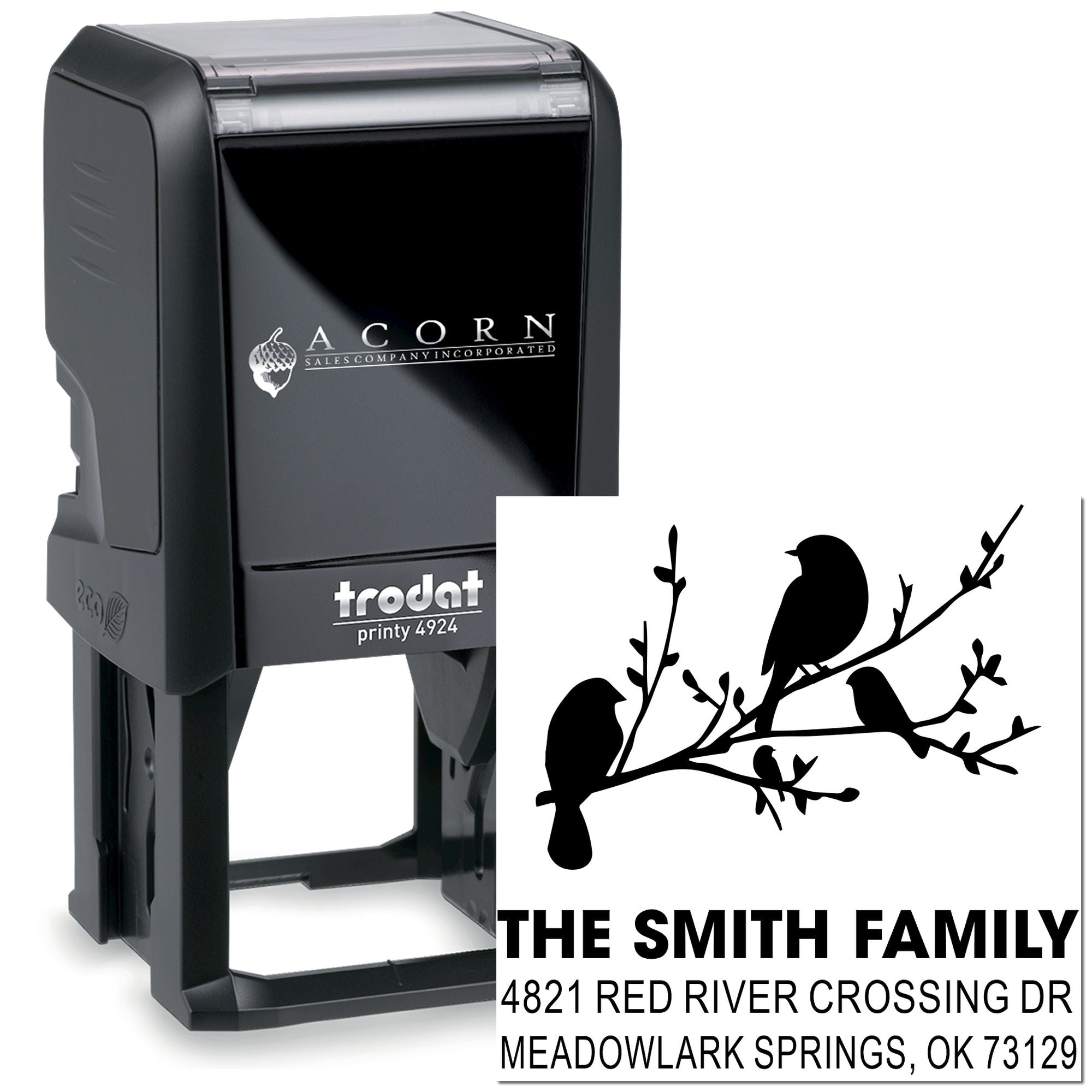 Custom self-inking Trodat Printy 4924 rubber stamp with bird branch design, personalized family name and address return address stamp