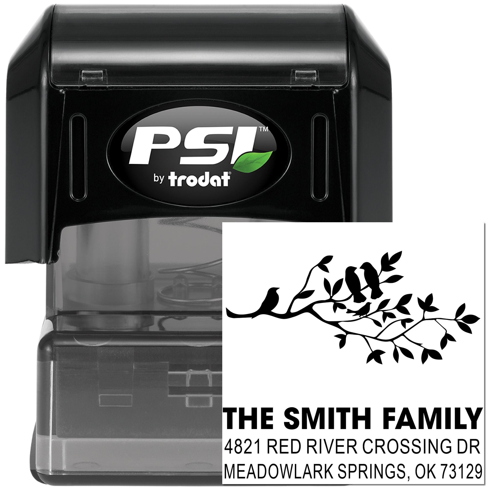Custom self-inking address rubber stamp by PSI Trodat with family name and return address design, ideal for mailing envelopes, cards and labels.
