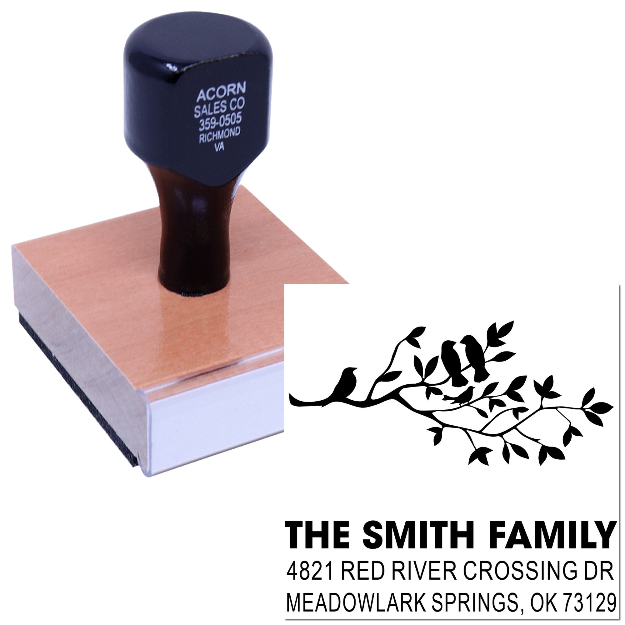 Custom family address rubber stamp with bird branch design, self-inking style, for personalized mail, envelopes, and return address use.