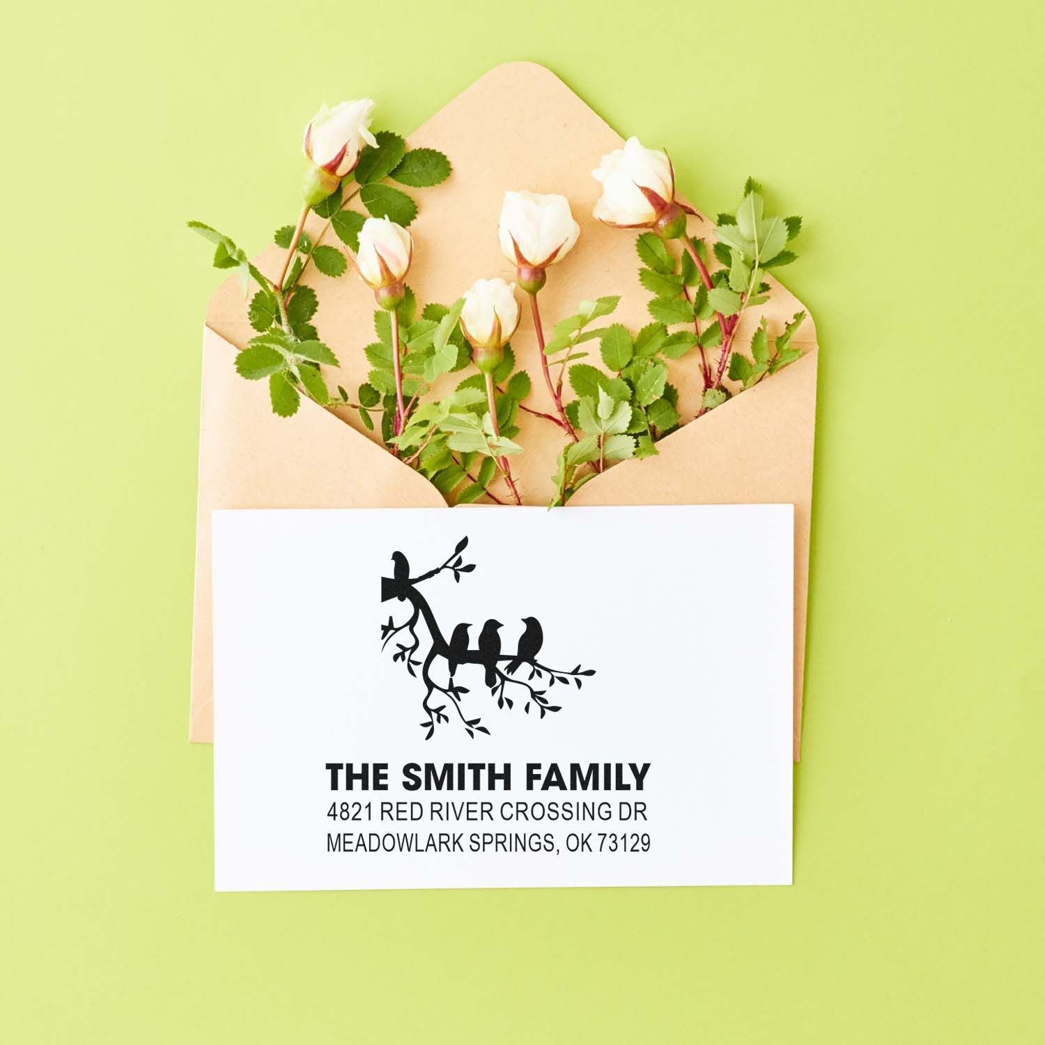 Custom family return address stamp with floral envelope design, featuring The Smith Family and a bird branch motif for weddings, letters, and mail.