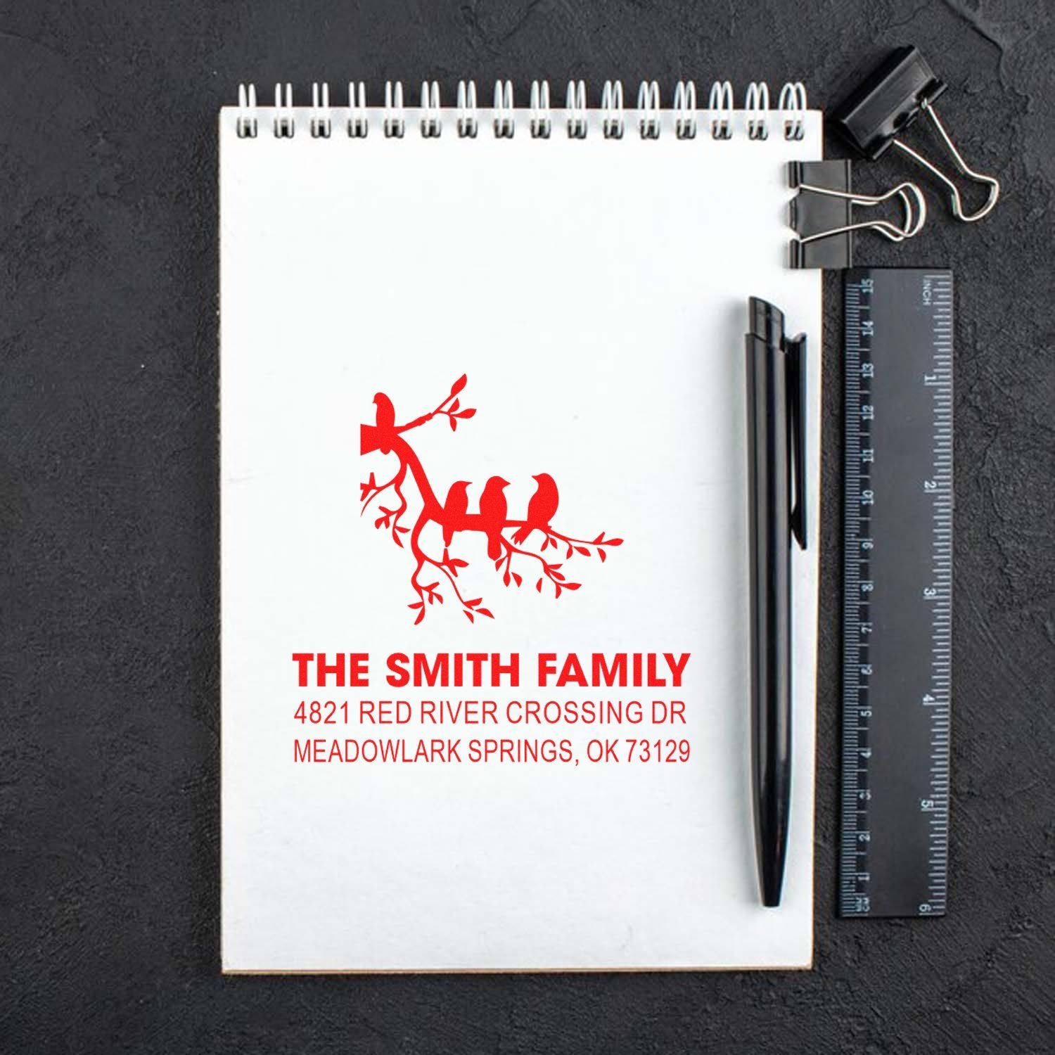 Custom return address rubber stamp with bird branch design, showing The Smith Family name and address for personalized stationery and mailing needs.