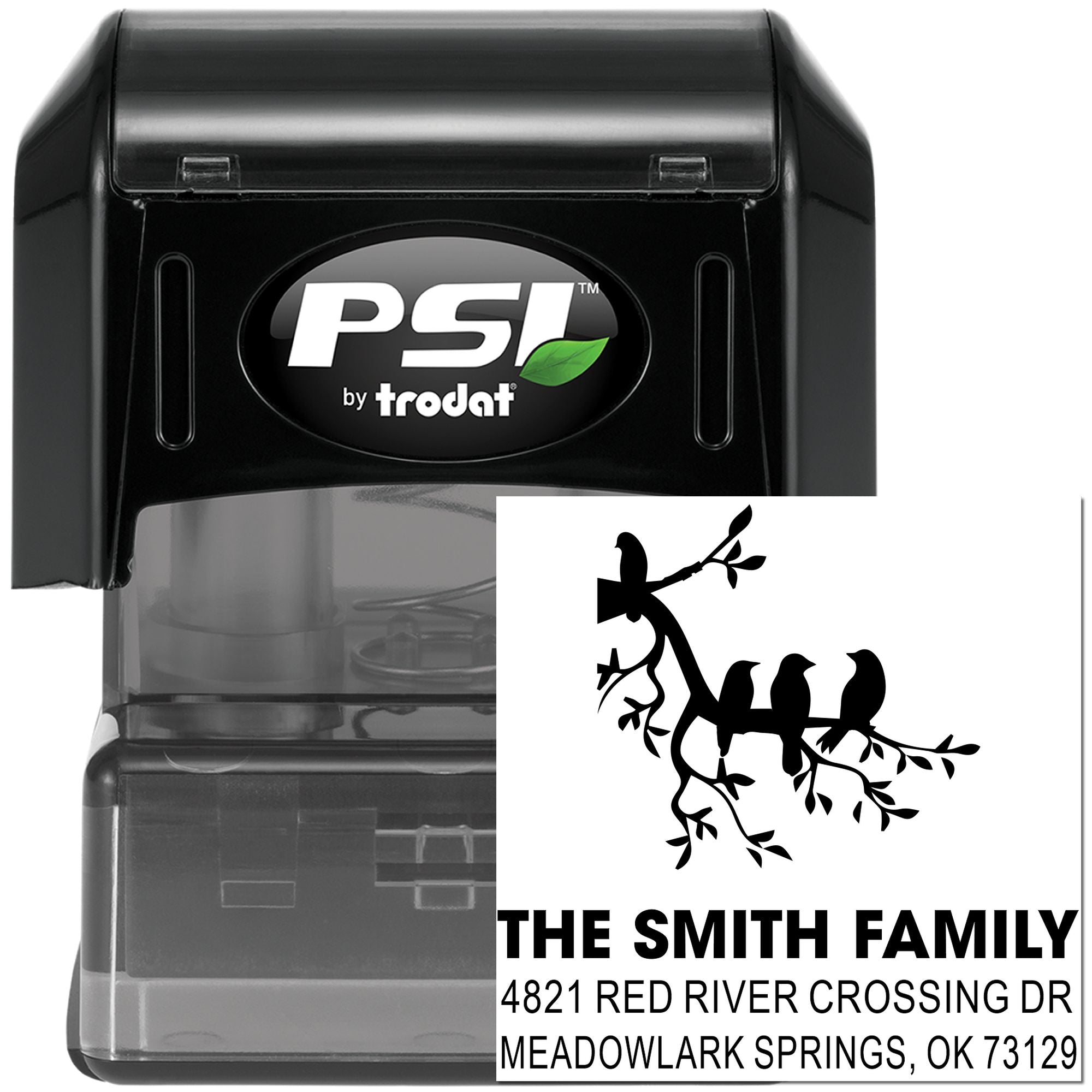 PSI by Trodat self-inking custom rubber address stamp with family name, tree branch design and personalized return address for envelopes
