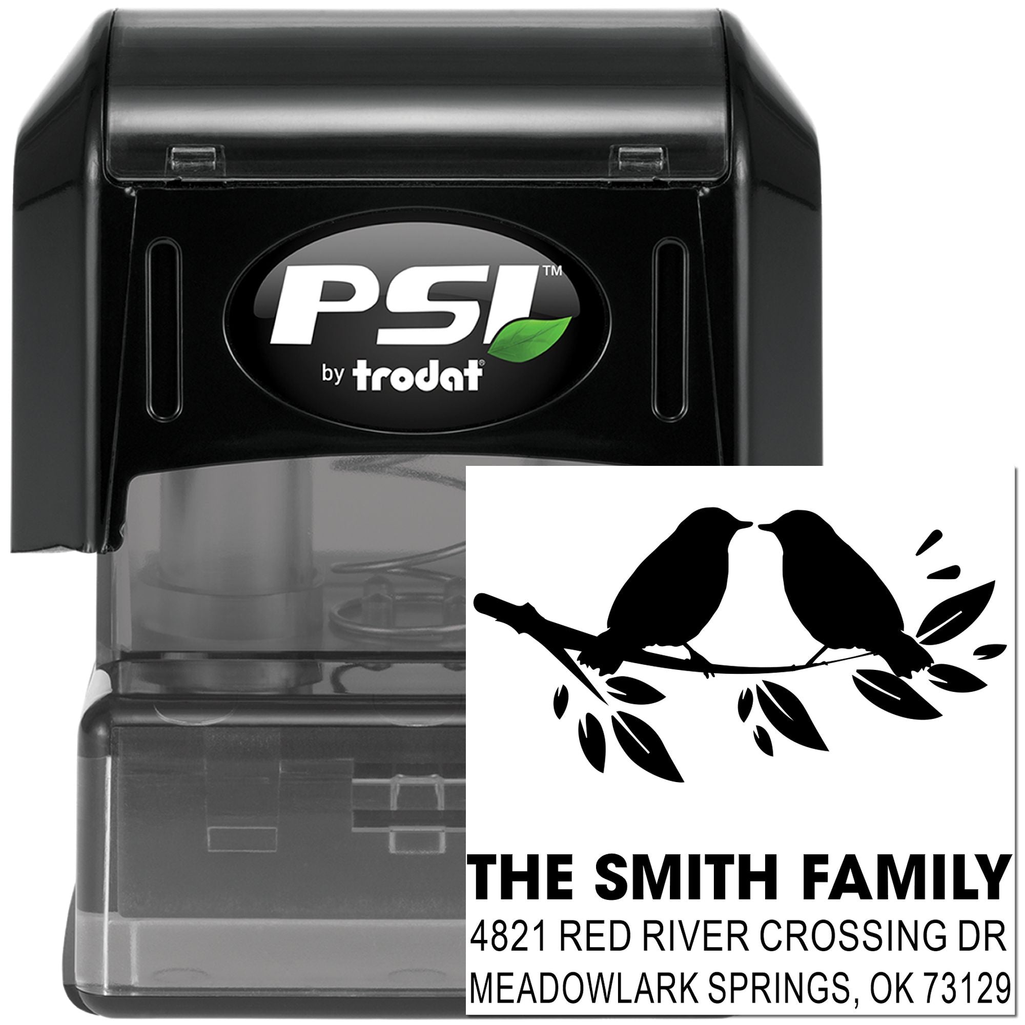 PSI by Trodat self-inking custom address rubber stamp with bird design and family name, ideal for return address labels and mailing envelopes