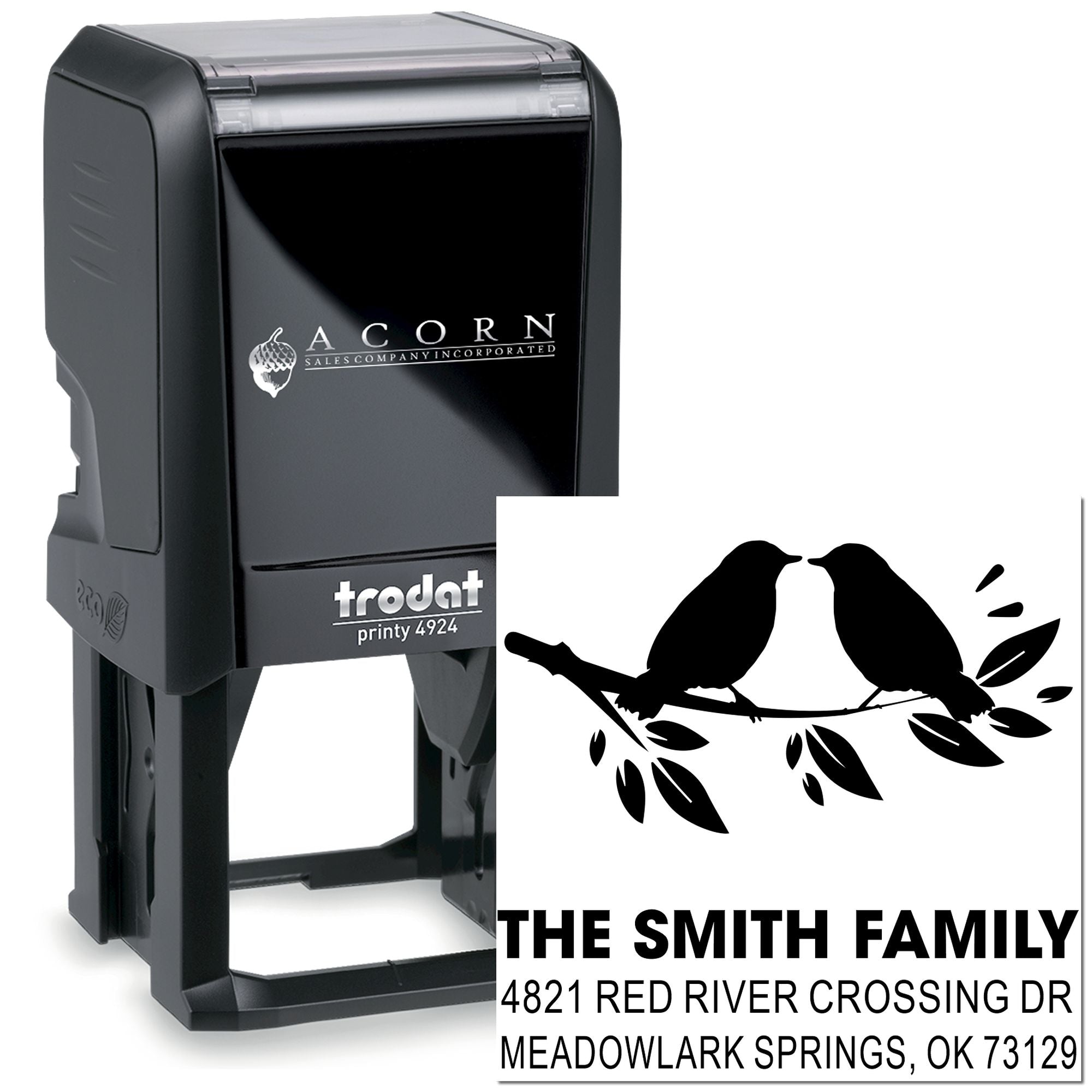 Custom self-inking rubber address stamp with birds design for The Smith Family, featuring return address in black Trodat Printy 4924 style