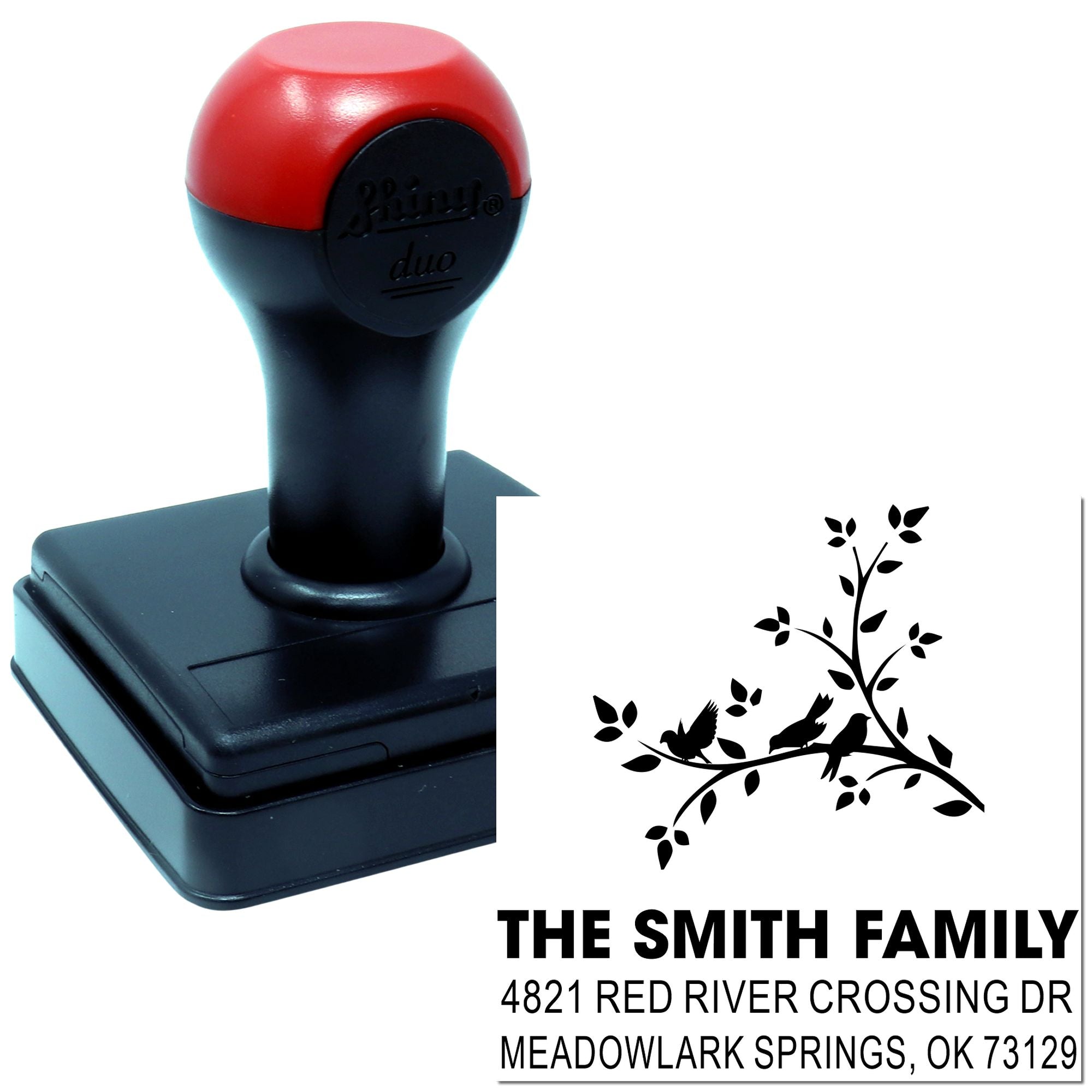 Custom self-inking rubber address stamp with family name, decorative tree design, and return address for personalized mail and envelopes