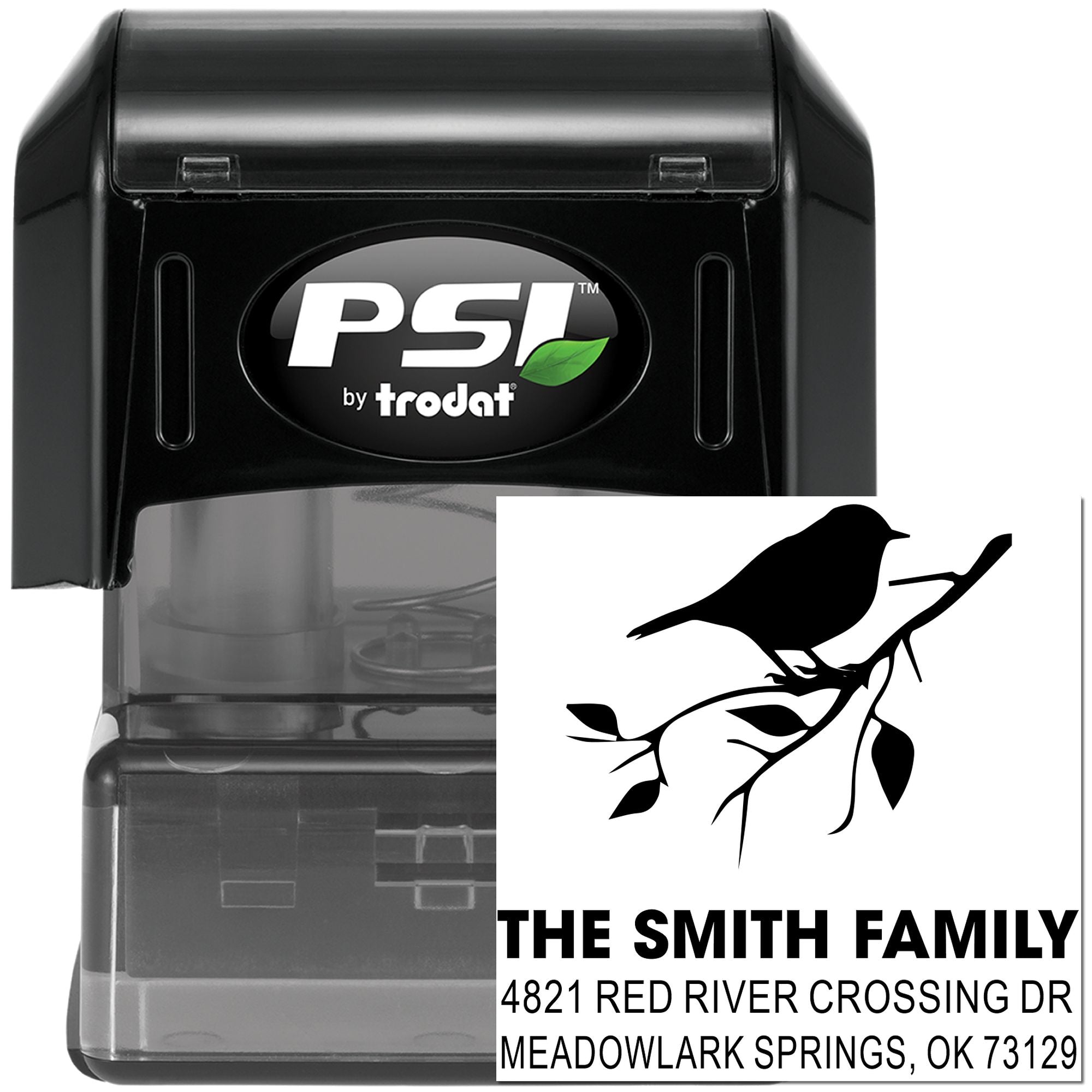 Custom self-inking rubber stamp by PSI Trodat with bird silhouette, The Smith Family name, and Meadowlark Springs OK 73129 return address