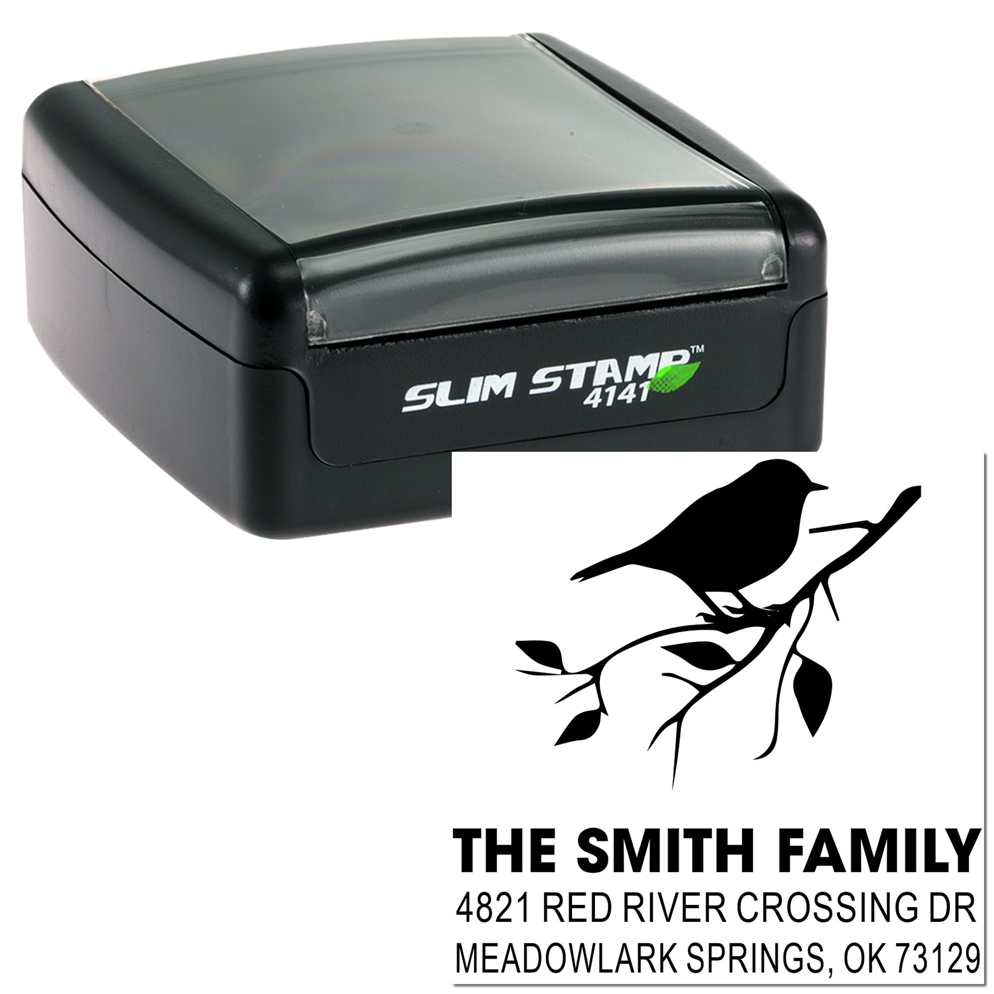 Custom Slim Stamp 4141 self-inking address rubber stamp with bird and branch design for The Smith Family return address, Meadowlark Springs, OK