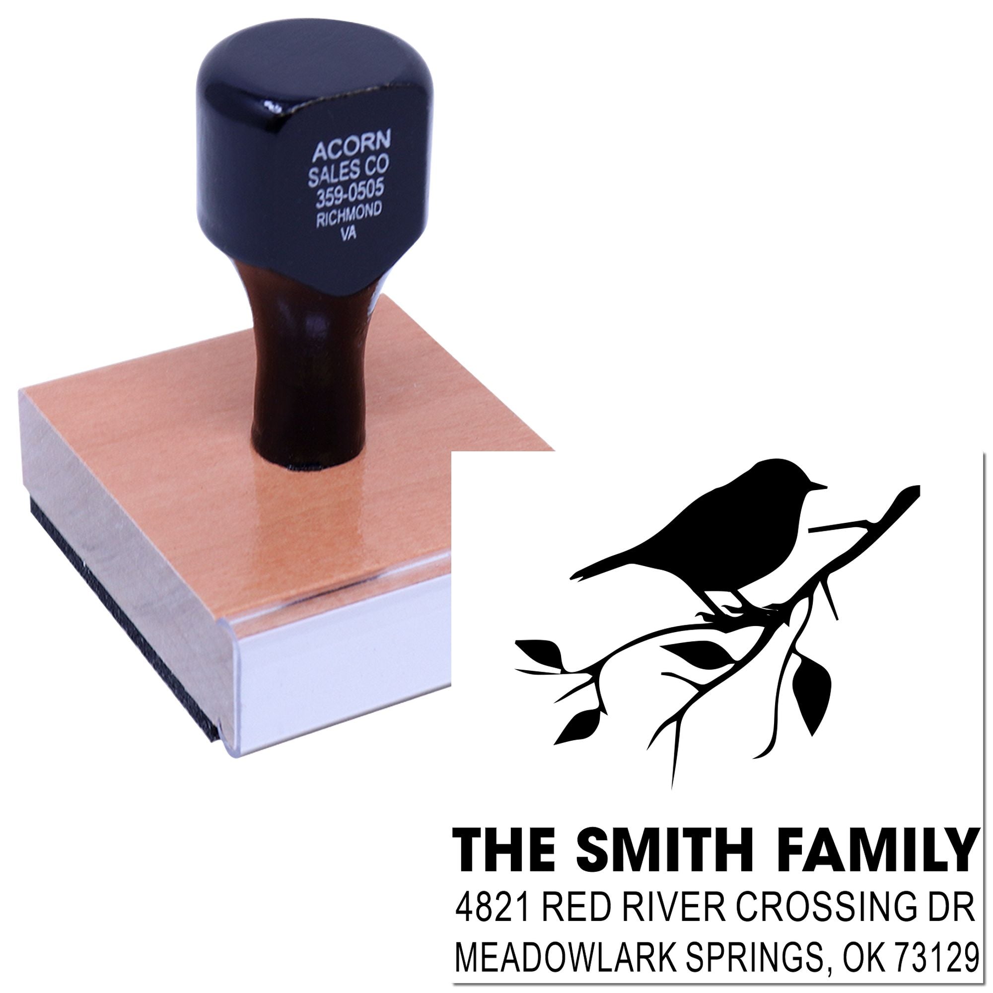 Custom self-inking rubber stamp with bird silhouette and family address, ideal for personalized mail, envelopes, and home correspondence.