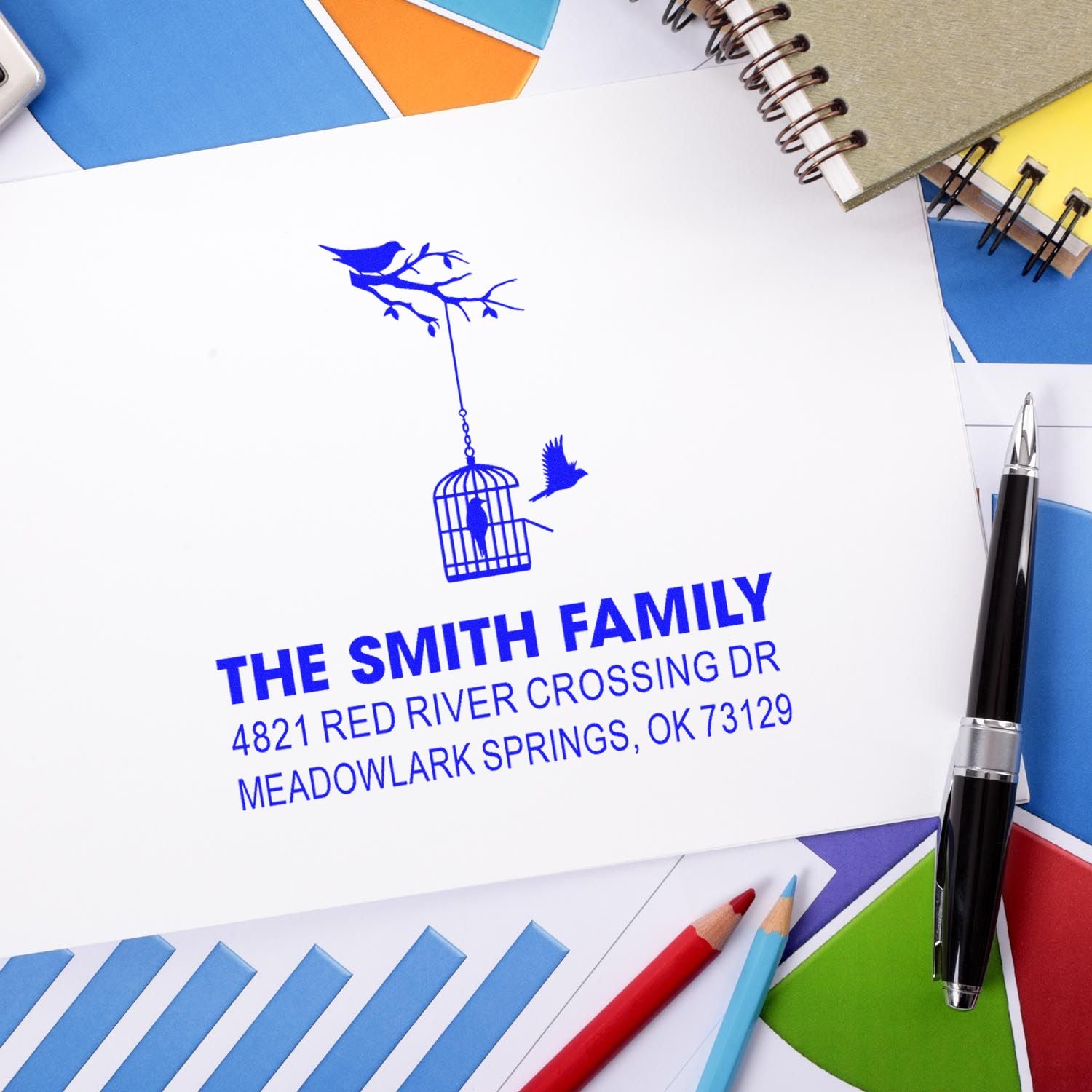 Personalized family address rubber stamp with birdcage and bird design, custom return address for stationery, envelopes and home correspondence.