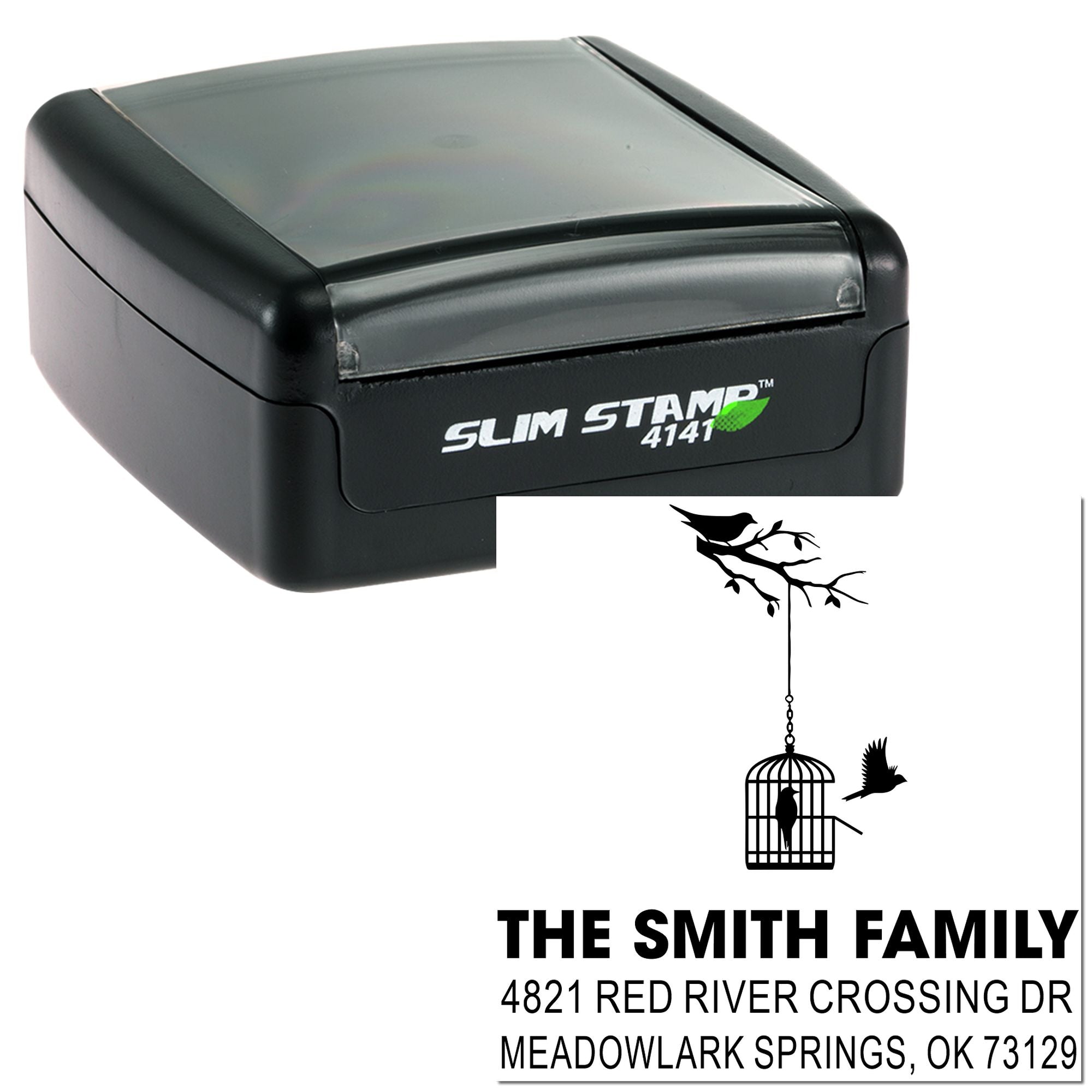 Custom Slim Stamp 4141 self-inking rubber stamp with family birdcage address design, personalized return address stamp for envelopes and mail